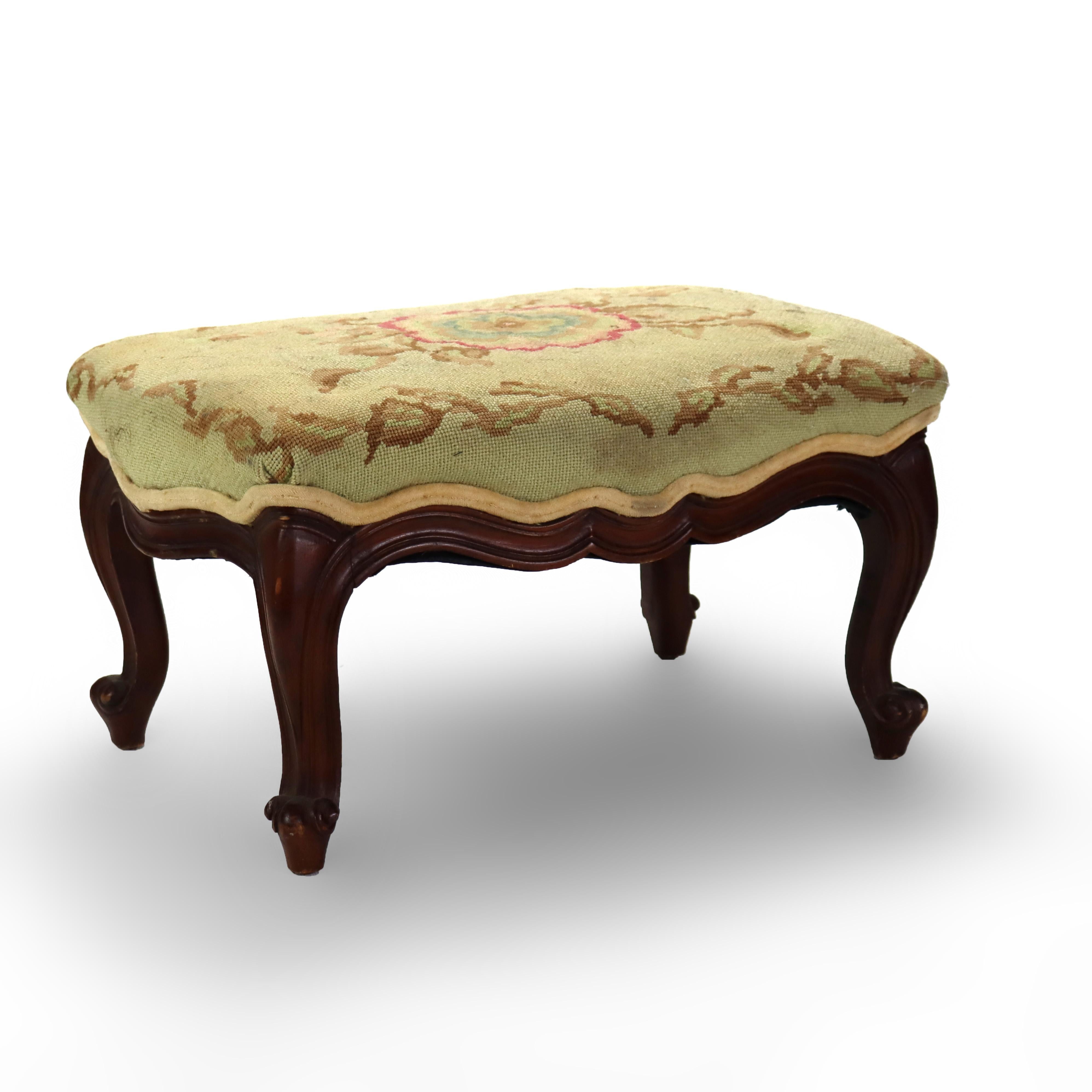 Antique Victorian Rococo Style Carved Walnut Tapestry Footstool C1890 For Sale 4