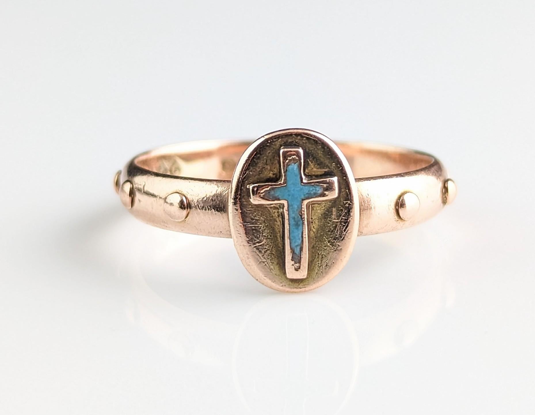 Antique Victorian Rosary Ring, 9k Rose Gold, Blue Enamel Cross 3