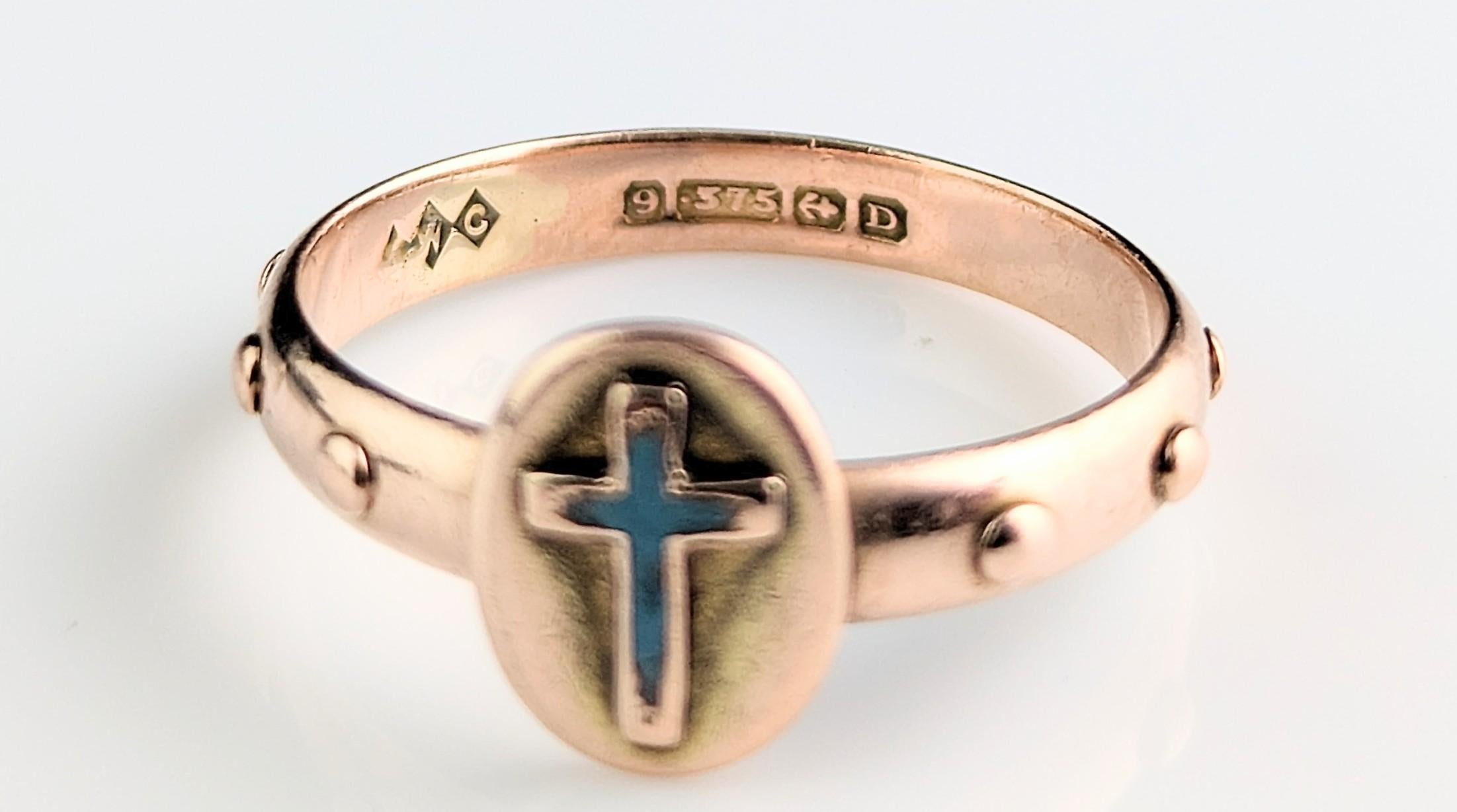 Antique Victorian Rosary Ring, 9k Rose Gold, Blue Enamel Cross 6