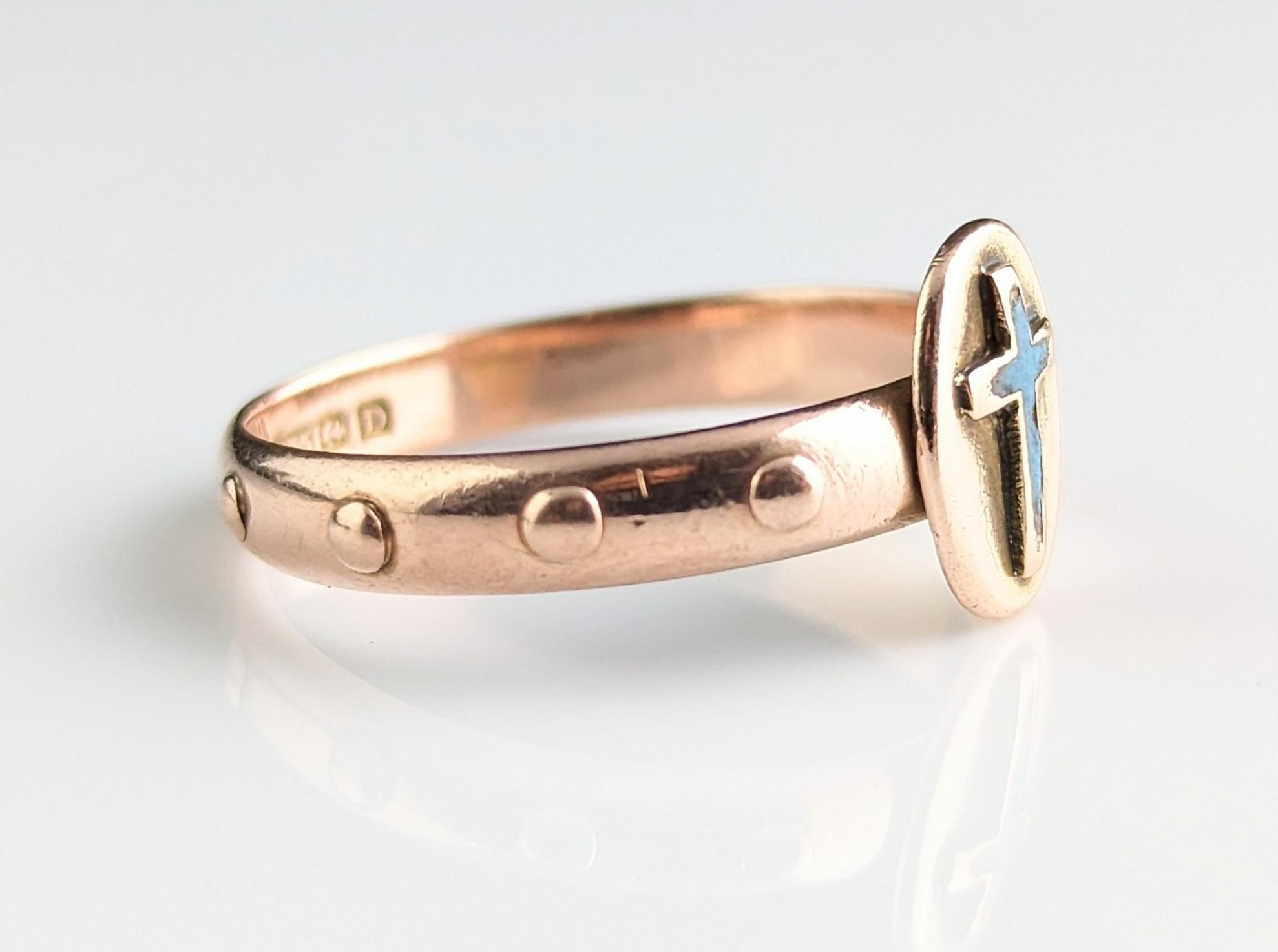 Antiker viktorianischer Rosary-Ring, 9k Roségold, blaues Emaille-Kreuz 10