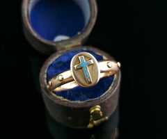 Antique Victorian Rosary Ring, 9k Rose Gold, Blue Enamel Cross