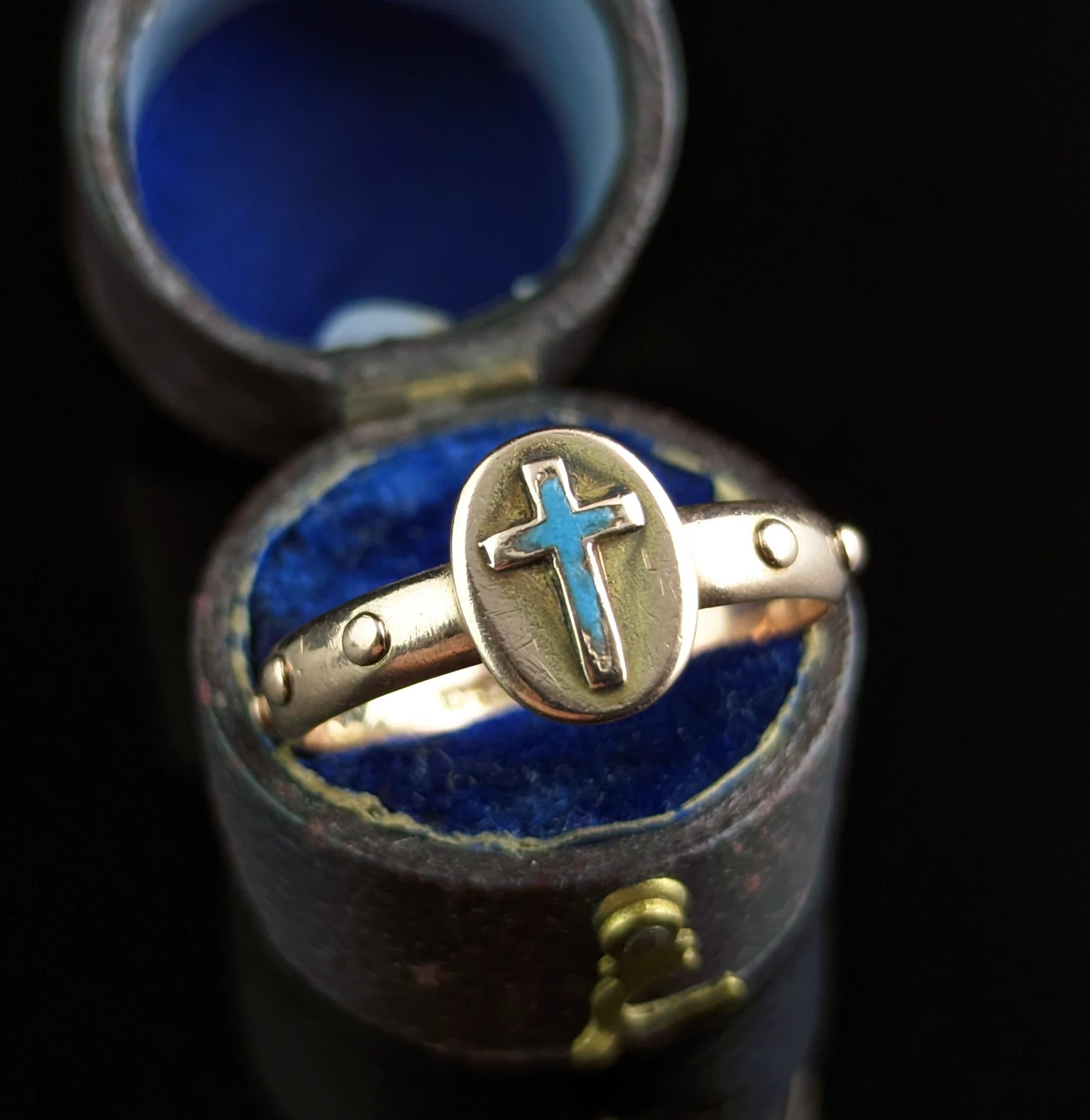 Antique Victorian Rosary Ring, 9k Rose Gold, Blue Enamel Cross 2