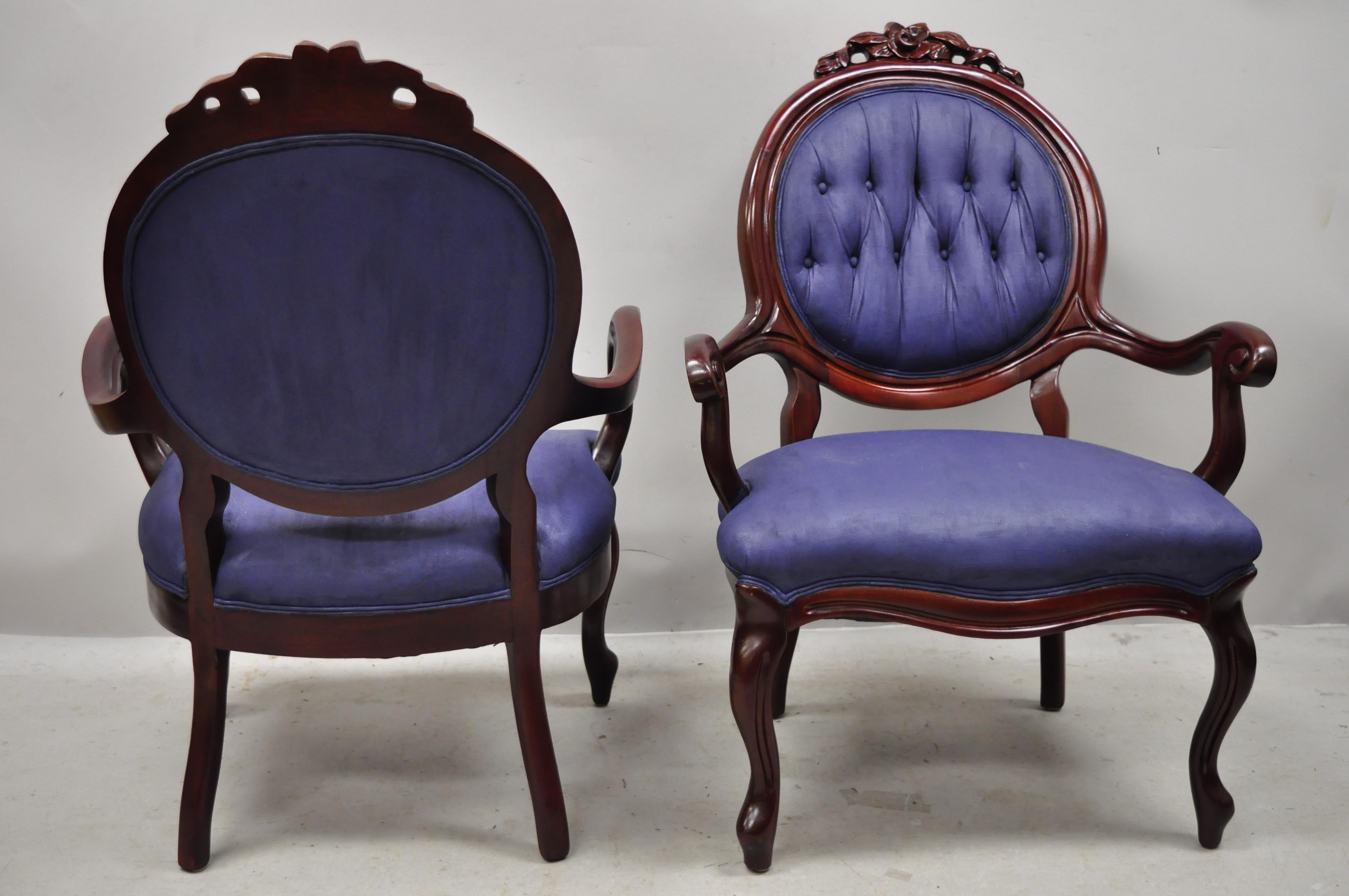 Antique Victorian Rose Carved Mahogany Frame Fireside Parlor Armchairs, a Pair 3