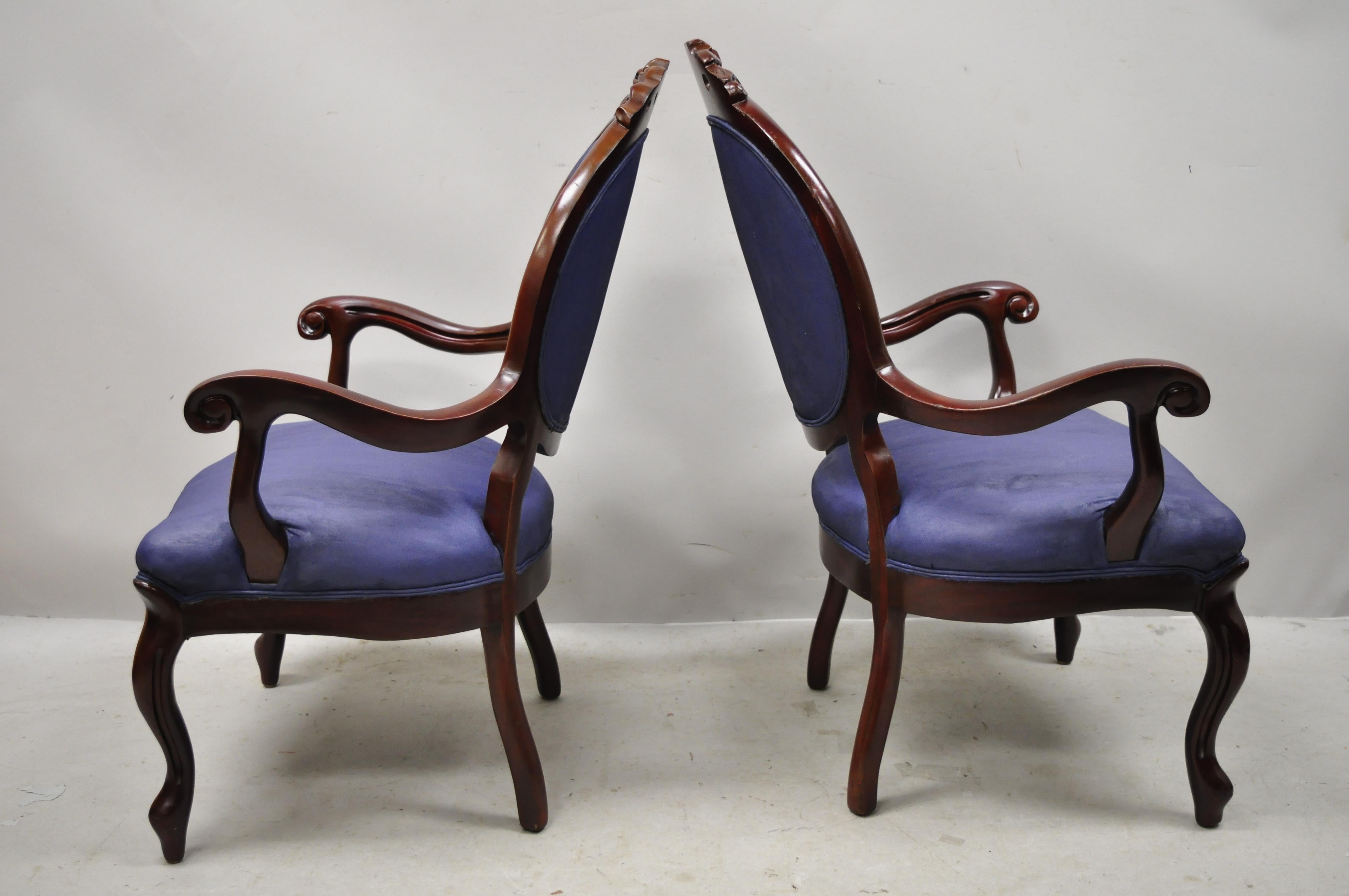 Antique Victorian Rose Carved Mahogany Frame Fireside Parlor Armchairs, a Pair 5