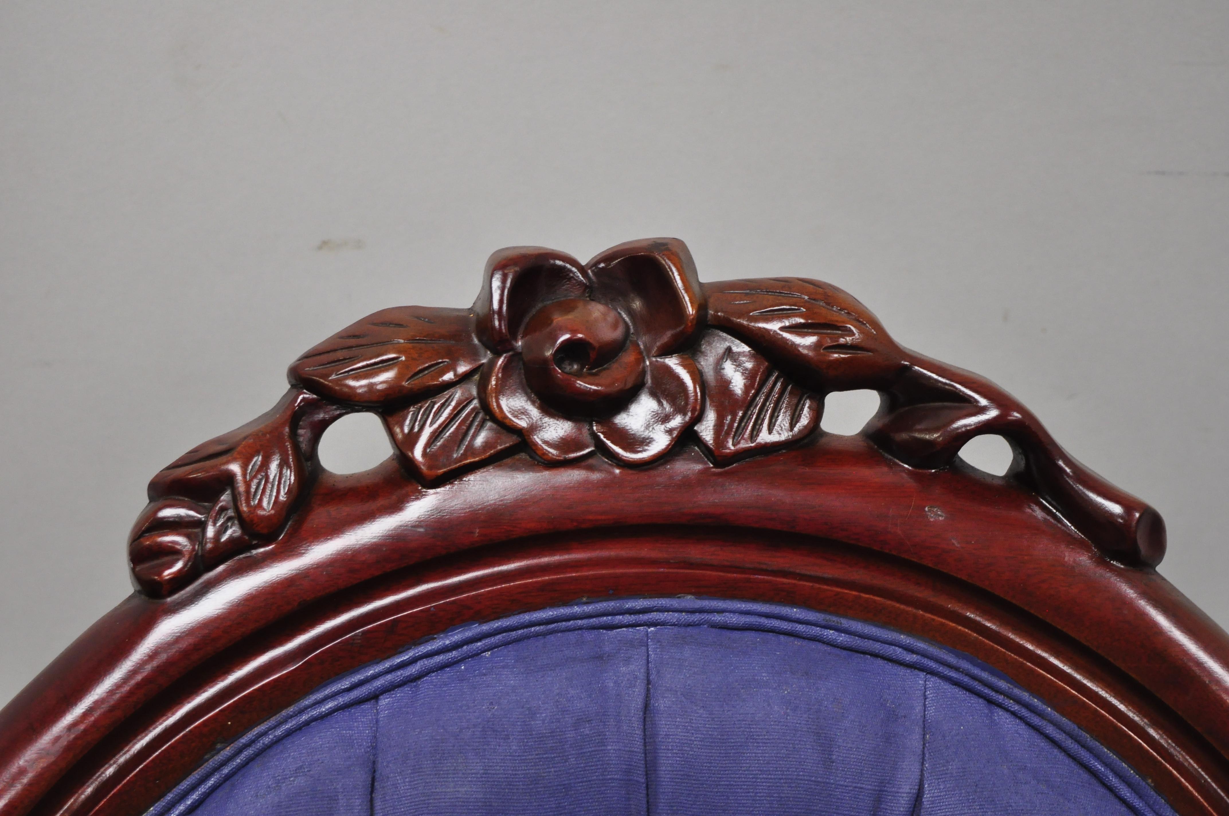 Antique Victorian Rose Carved Mahogany Frame Fireside Parlor Armchairs, a Pair In Good Condition In Philadelphia, PA