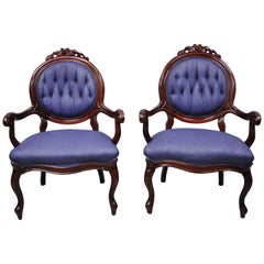 Antique Victorian Rose Carved Mahogany Frame Fireside Parlor Armchairs, a Pair