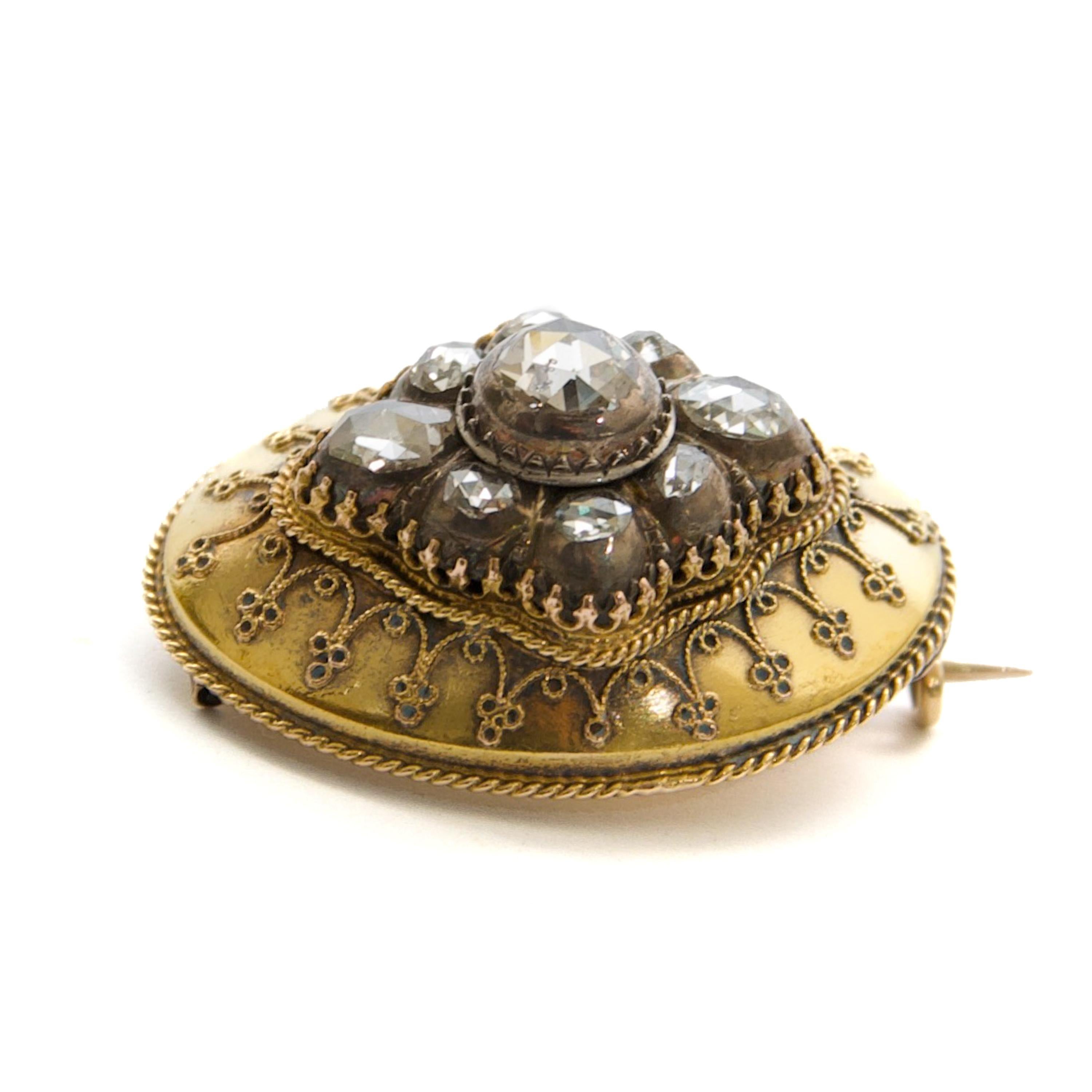 Antike viktorianische Brosche aus 14 Karat Gold mit Diamanten im Rosenschliff für Damen oder Herren im Angebot
