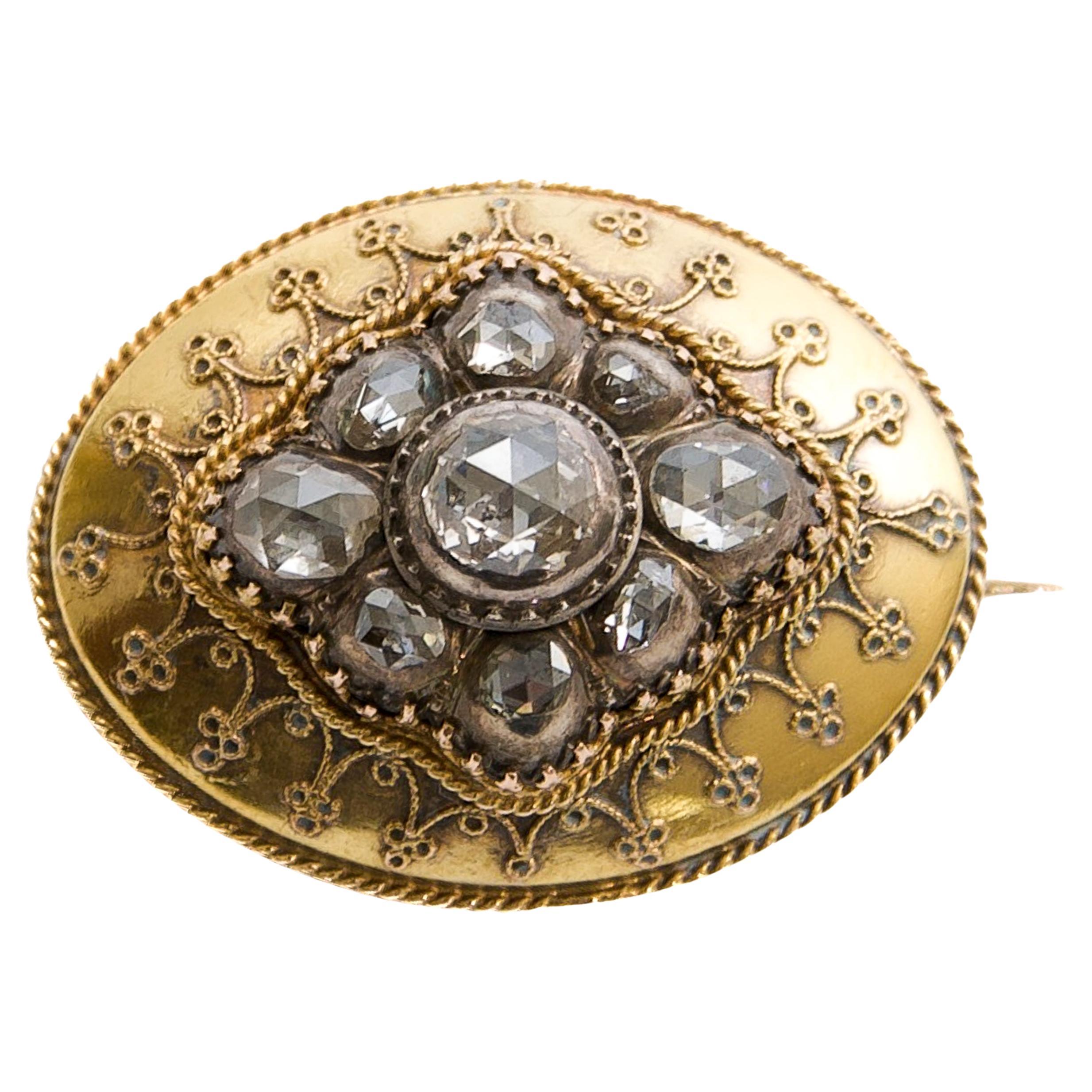 Antiguo broche victoriano de diamantes talla rosa y oro de 14 quilates