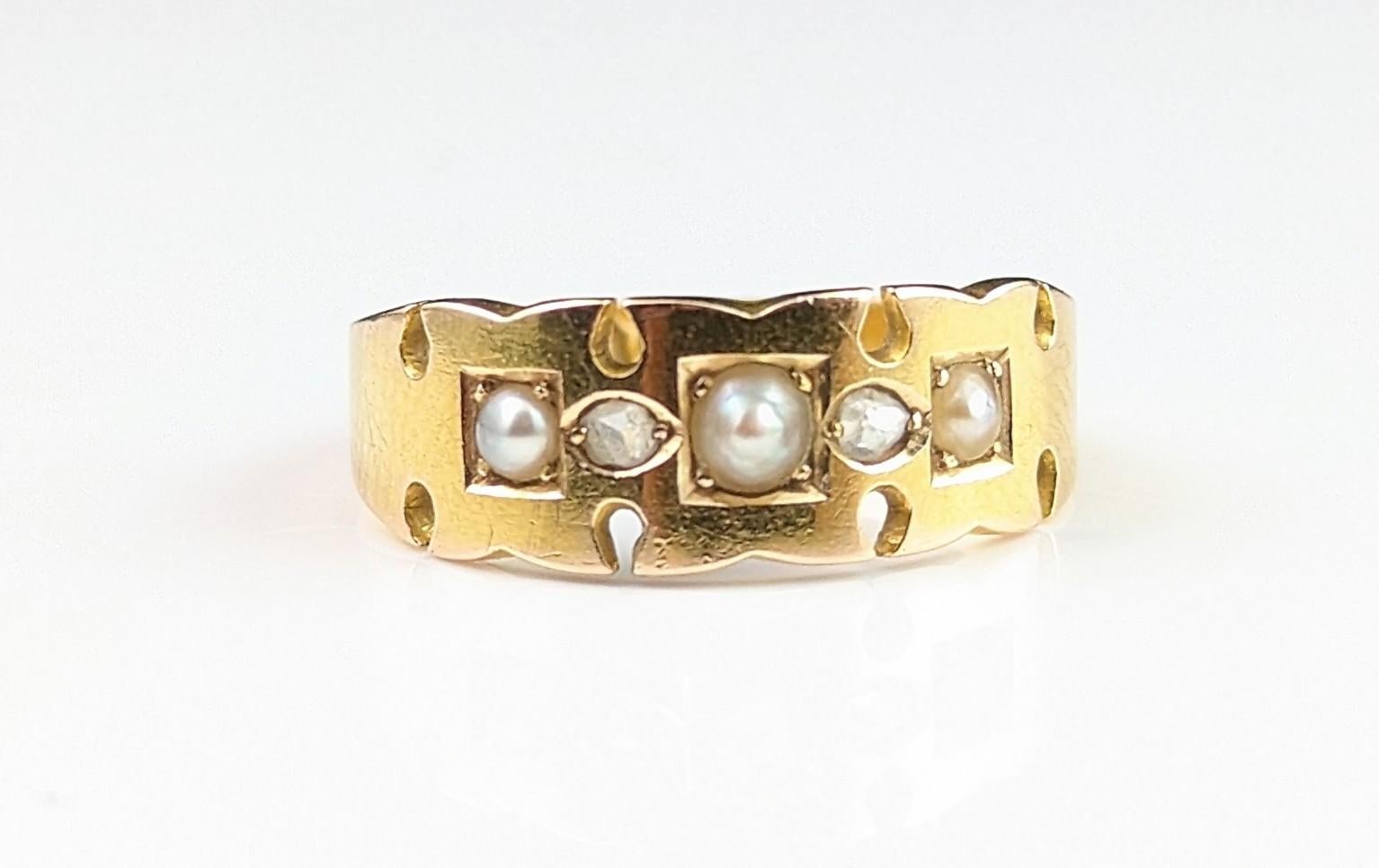 Antique Victorian Rose Cut Diamond and Pearl Ring, 15 Karat Yellow Gold 7