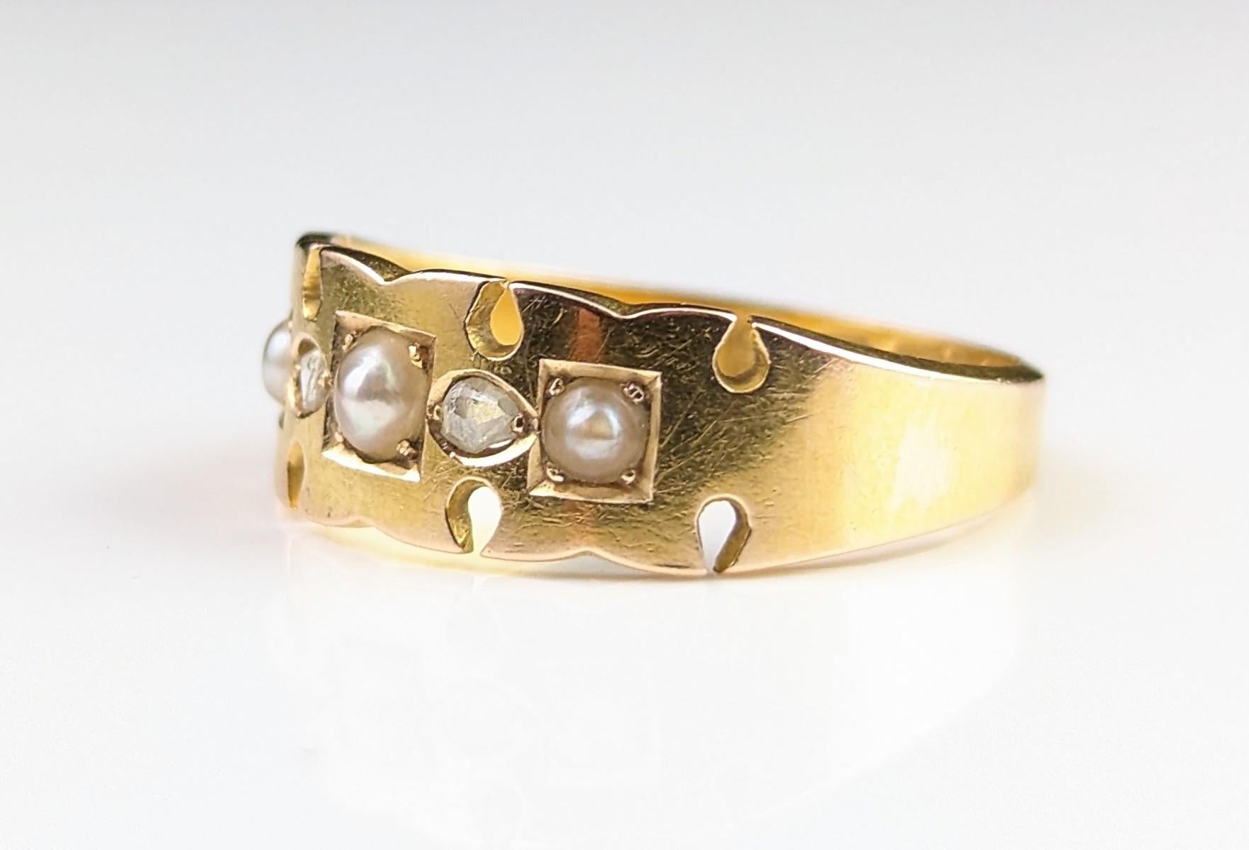 Antique Victorian Rose Cut Diamond and Pearl Ring, 15 Karat Yellow Gold 8