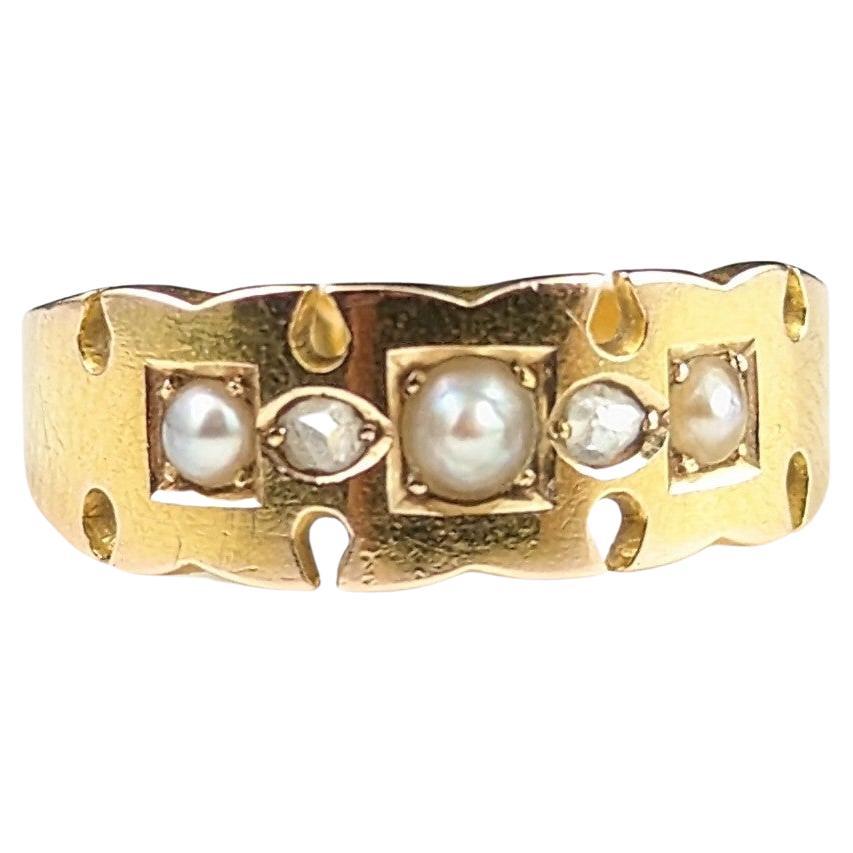 Antique Victorian Rose Cut Diamond and Pearl Ring, 15 Karat Yellow Gold