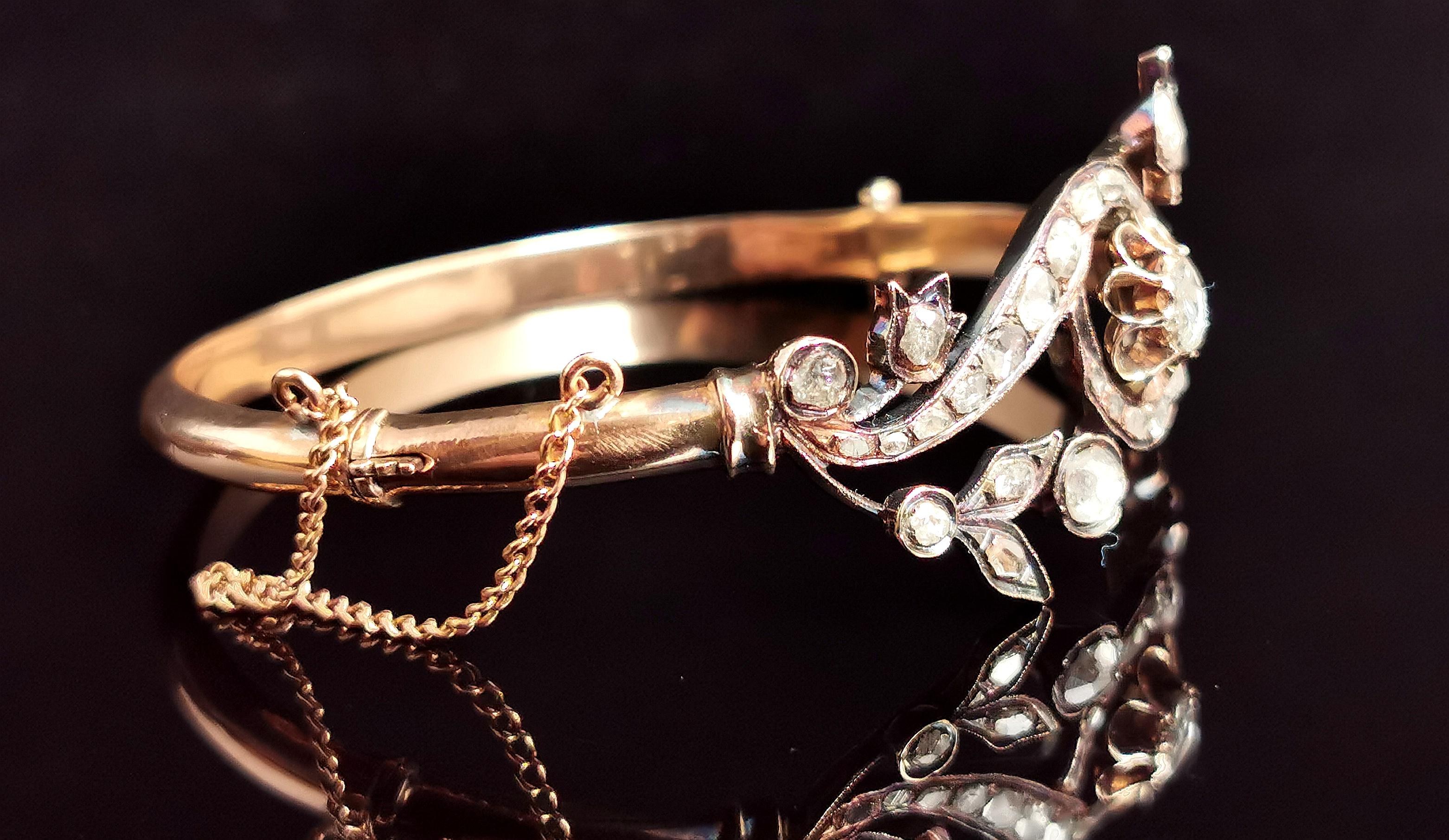 Antique Victorian Rose cut diamond bangle, 18 karat gold, floral  For Sale 1