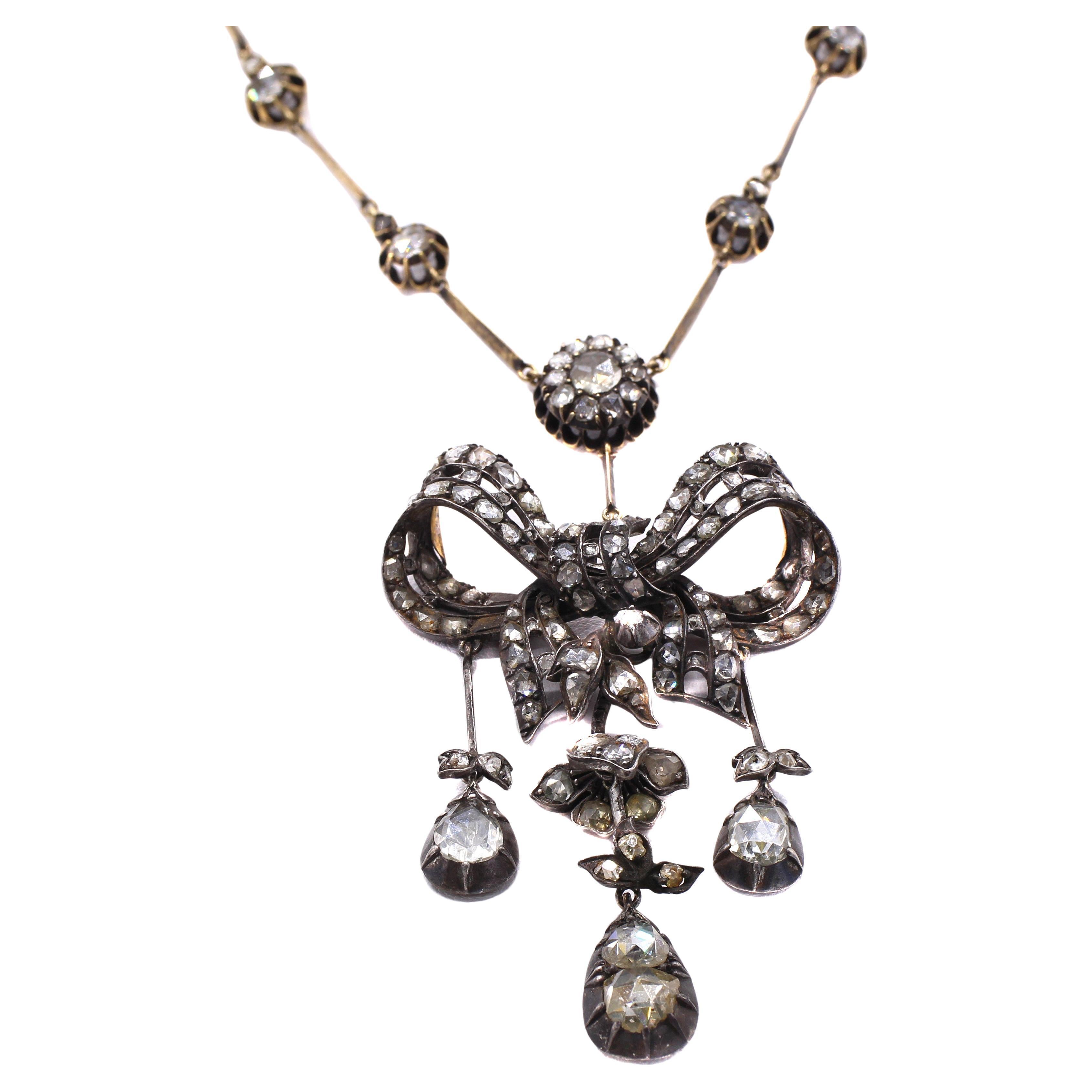 Antique Victorian Rose Cut Diamond Bow Motif Necklace For Sale