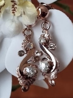 Antique Victorian Rose Cut Diamond Drop Earrings in 18K Rose Gold