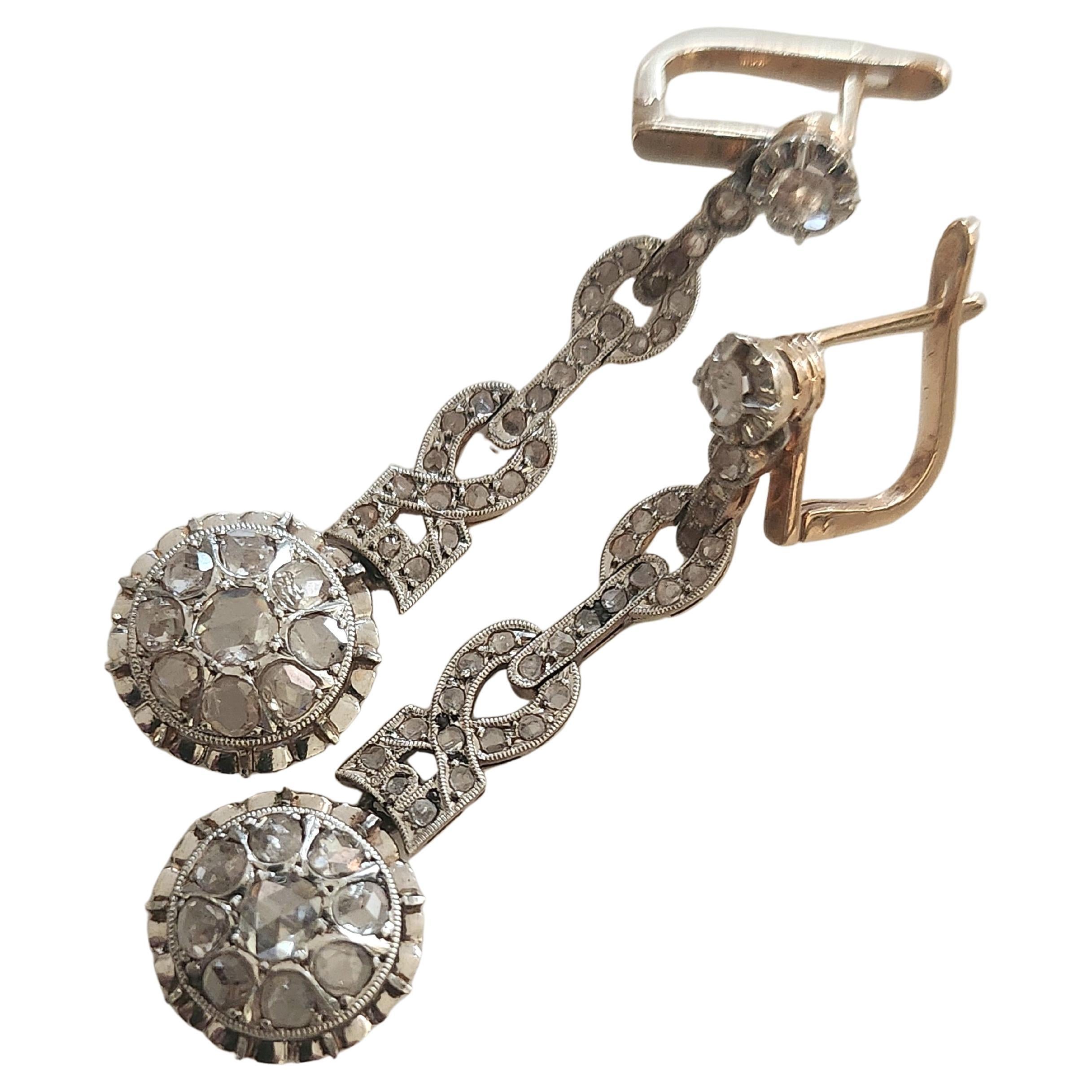 Antike 1850er viktorianischen Ära 18k Gold mit Platin gekrönt in baumelnden Stil Ohrringe mit rosa Diamanten geschliffen unfoiled zurück Ohrringe lenght 4cm Halle markiert 