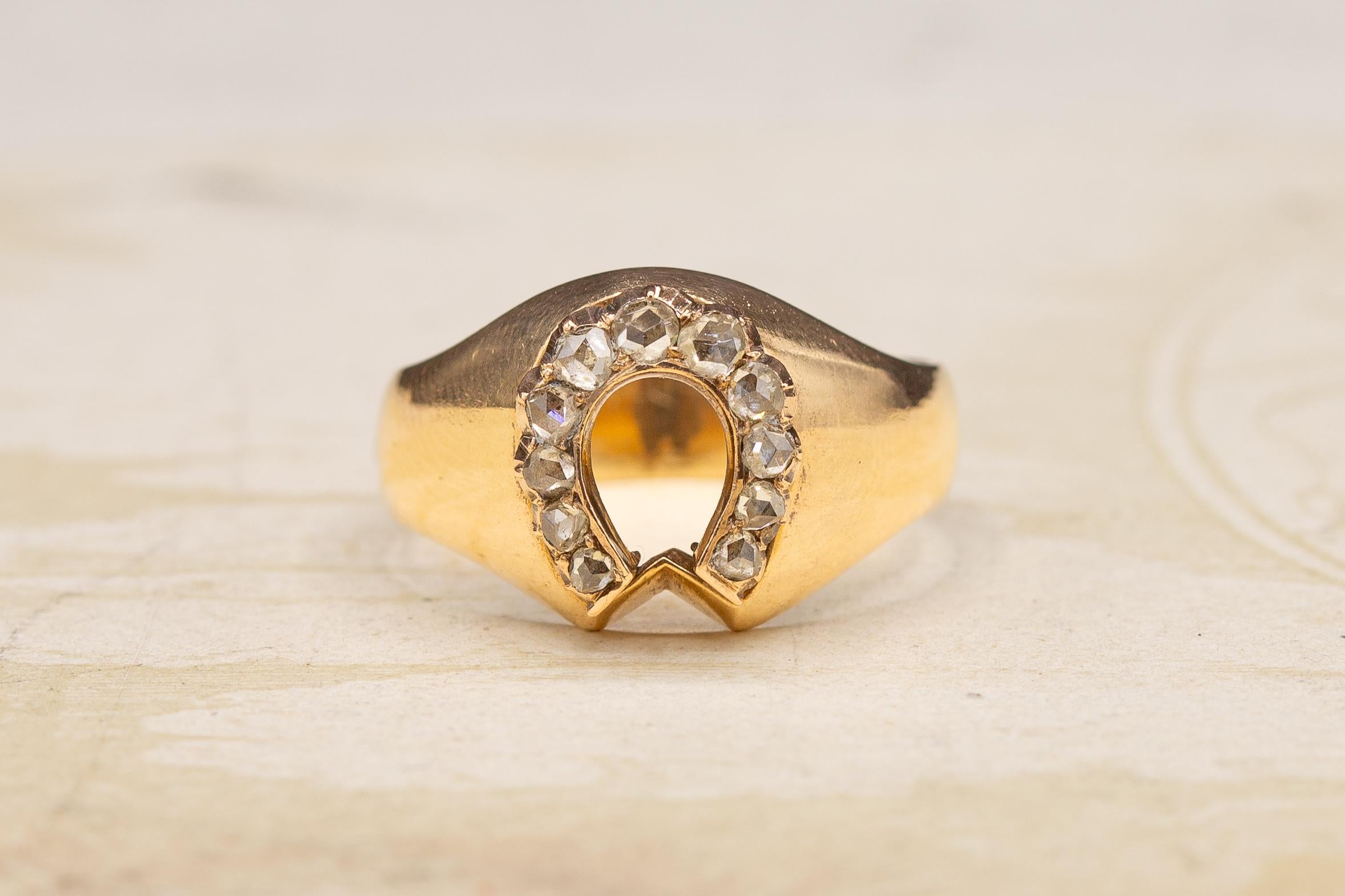 Women's or Men's Antique Victorian Rose Cut Diamond Lucky Fortune Horseshoe Ladies Signet Ring  For Sale