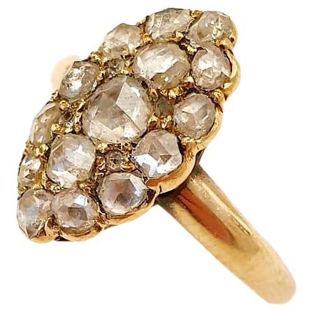 Antique victorian era ring in unuswal navviet ring head designe with rose cut diamonds estimate weight of 1.5 carat back foiled excellent spark and workmanship ring dates back to 1850/1880.c victorian era