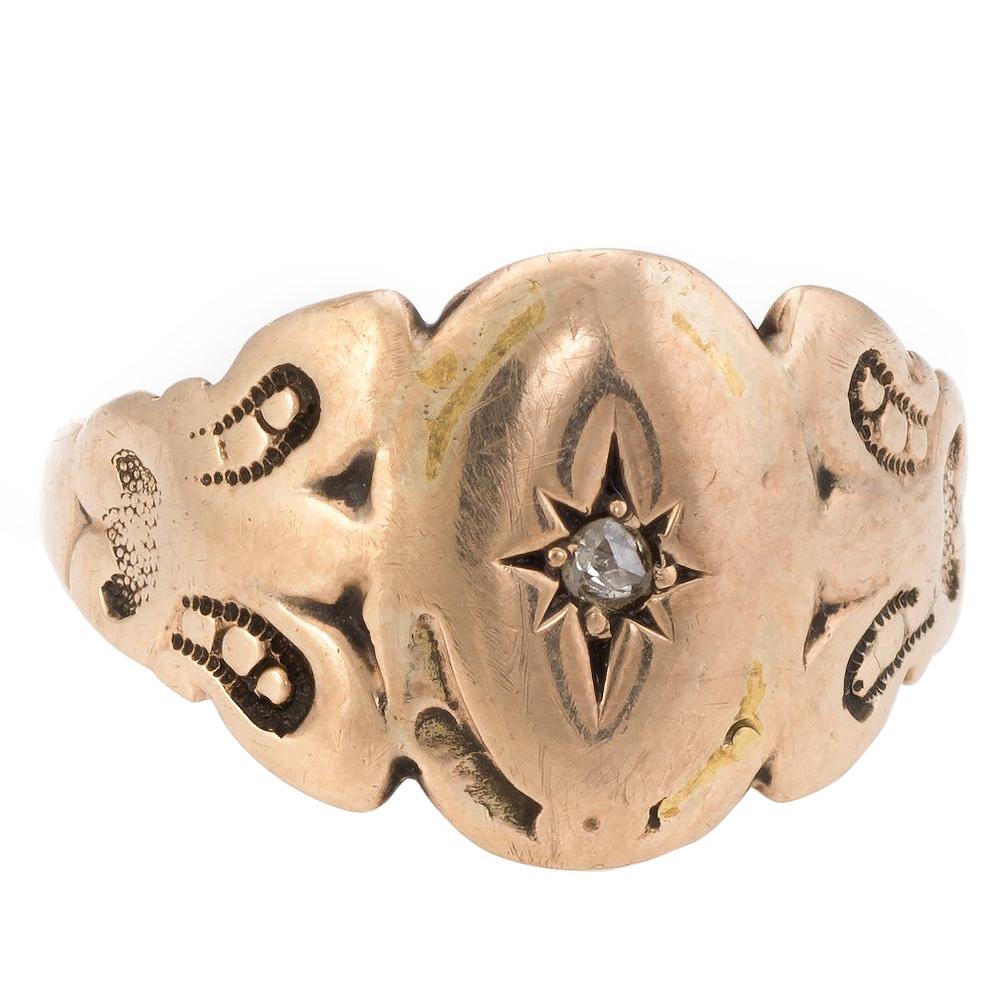 Antique Victorian Rose Cut Diamond Signet Ring Vintage 14k Gold Estate Jewelry