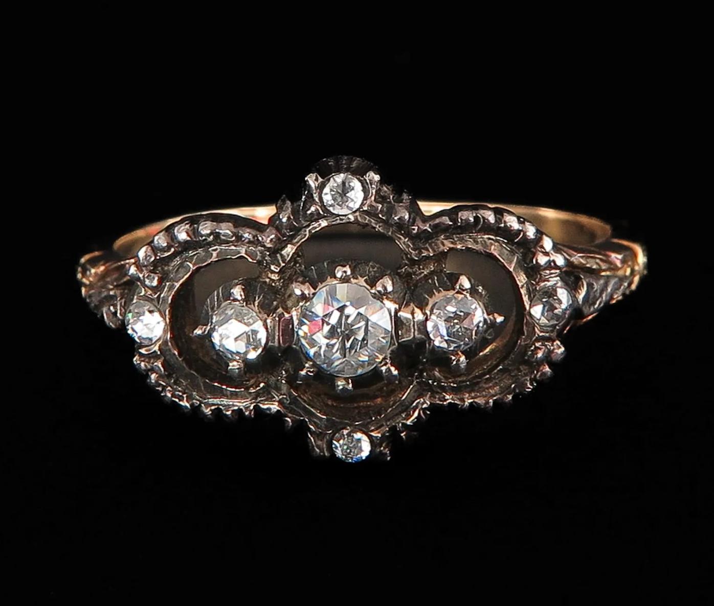 Antique Victorian Rose-Cut Diamond Silver and Gold Ring For Sale 5
