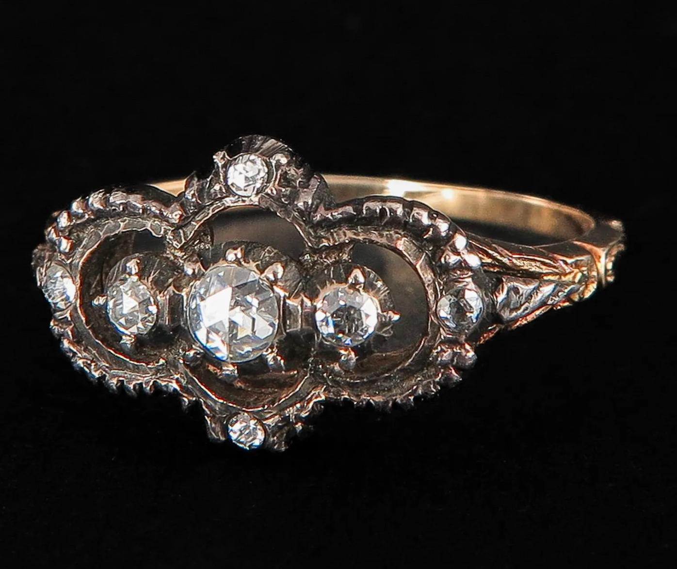 Antique Victorian Rose-Cut Diamond Silver and Gold Ring For Sale 4