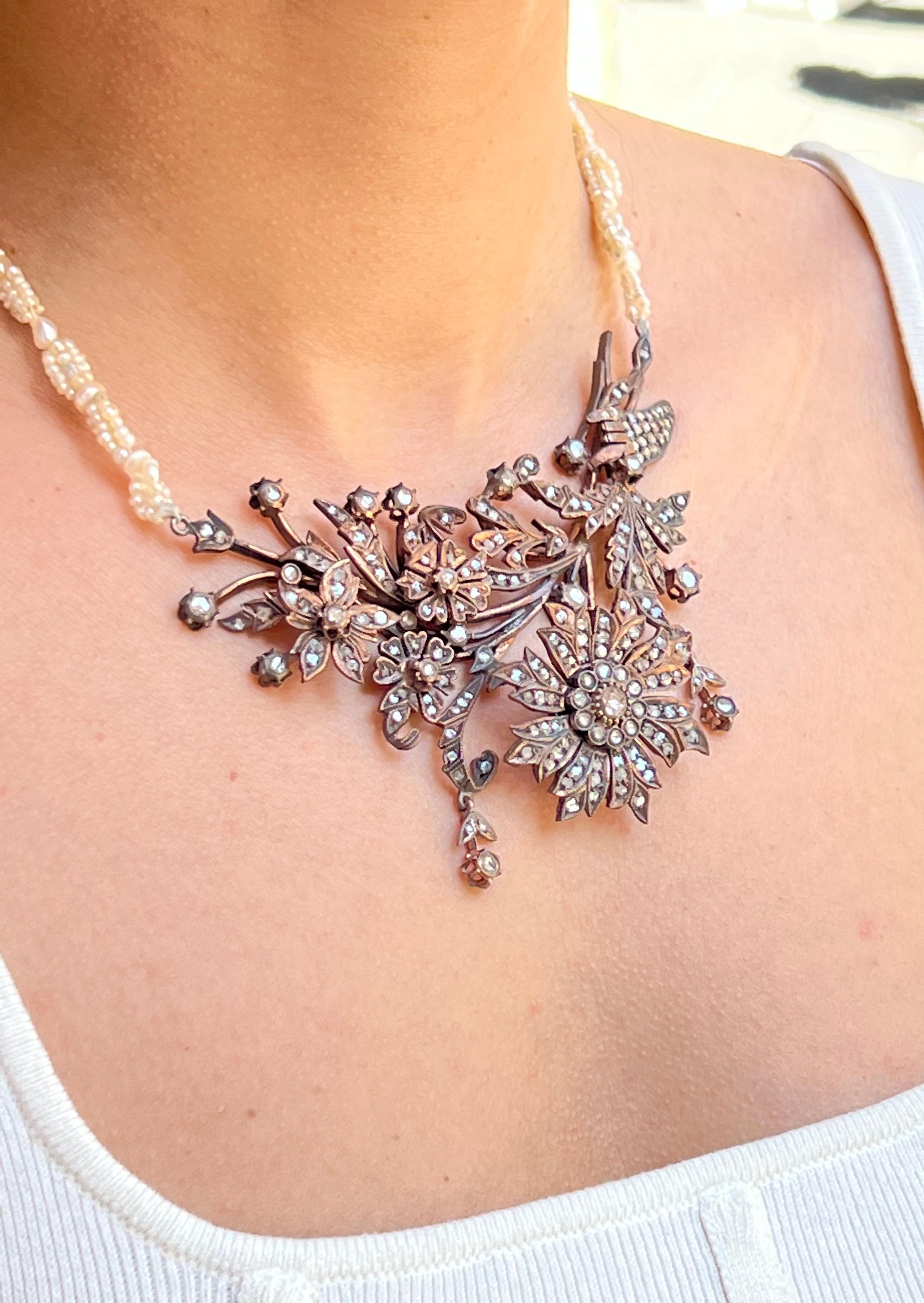 Antiker viktorianischer Diamant im Rosenschliff mit natürlicher Bahrain-Perle für Damen oder Herren im Angebot