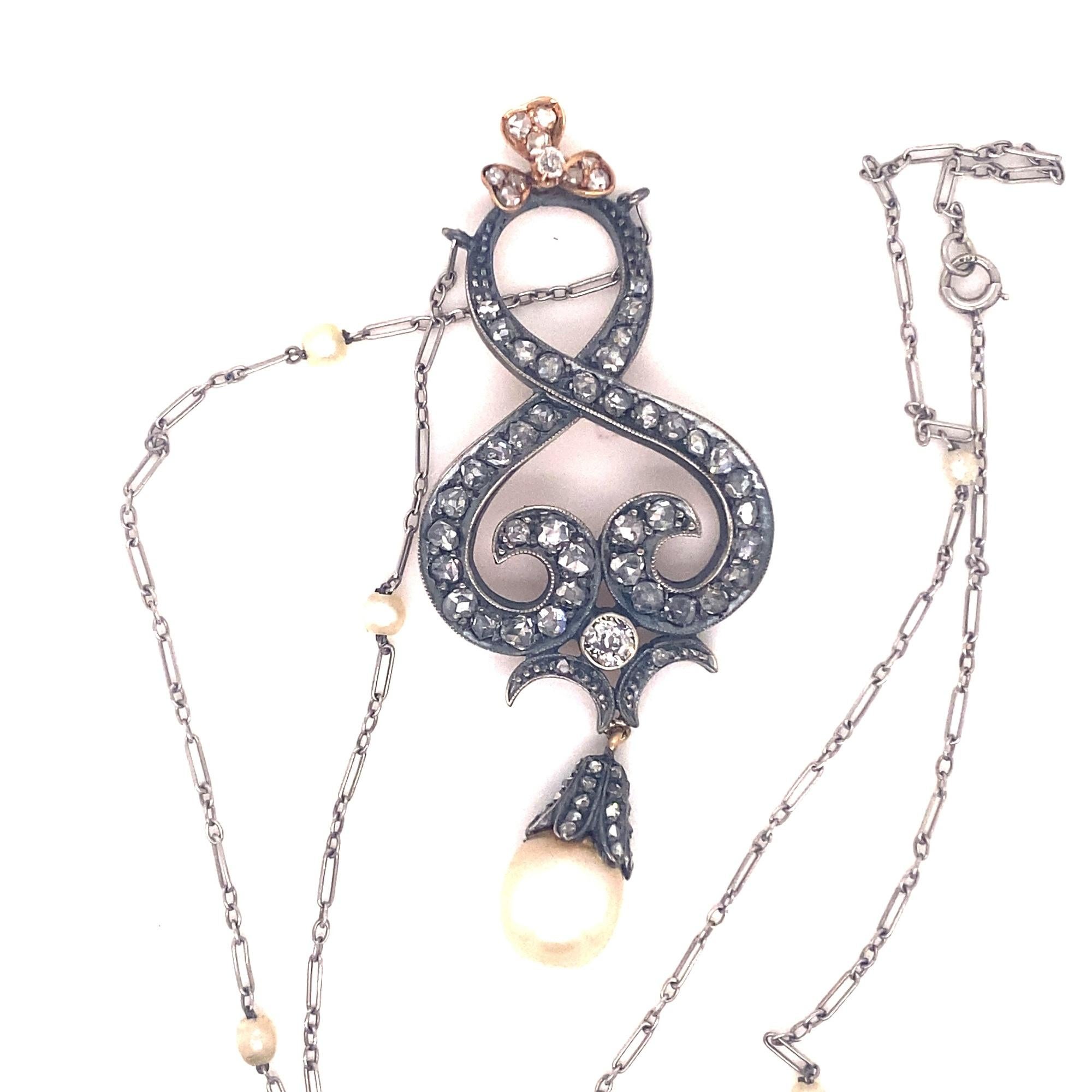 Antique Victorian Rose Cut Diamonds Pearl Platinum Gold Pendant Necklace In Good Condition For Sale In Woodland Hills, CA