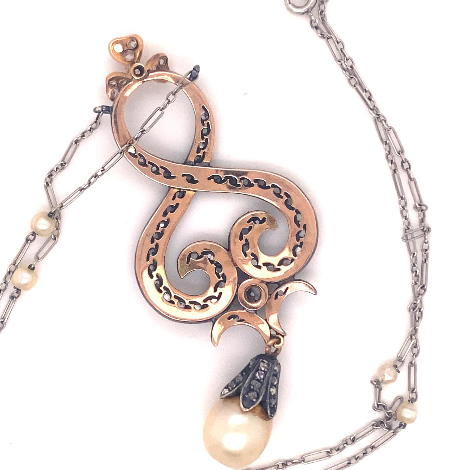 Women's Antique Victorian Rose Cut Diamonds Pearl Platinum Gold Pendant Necklace For Sale