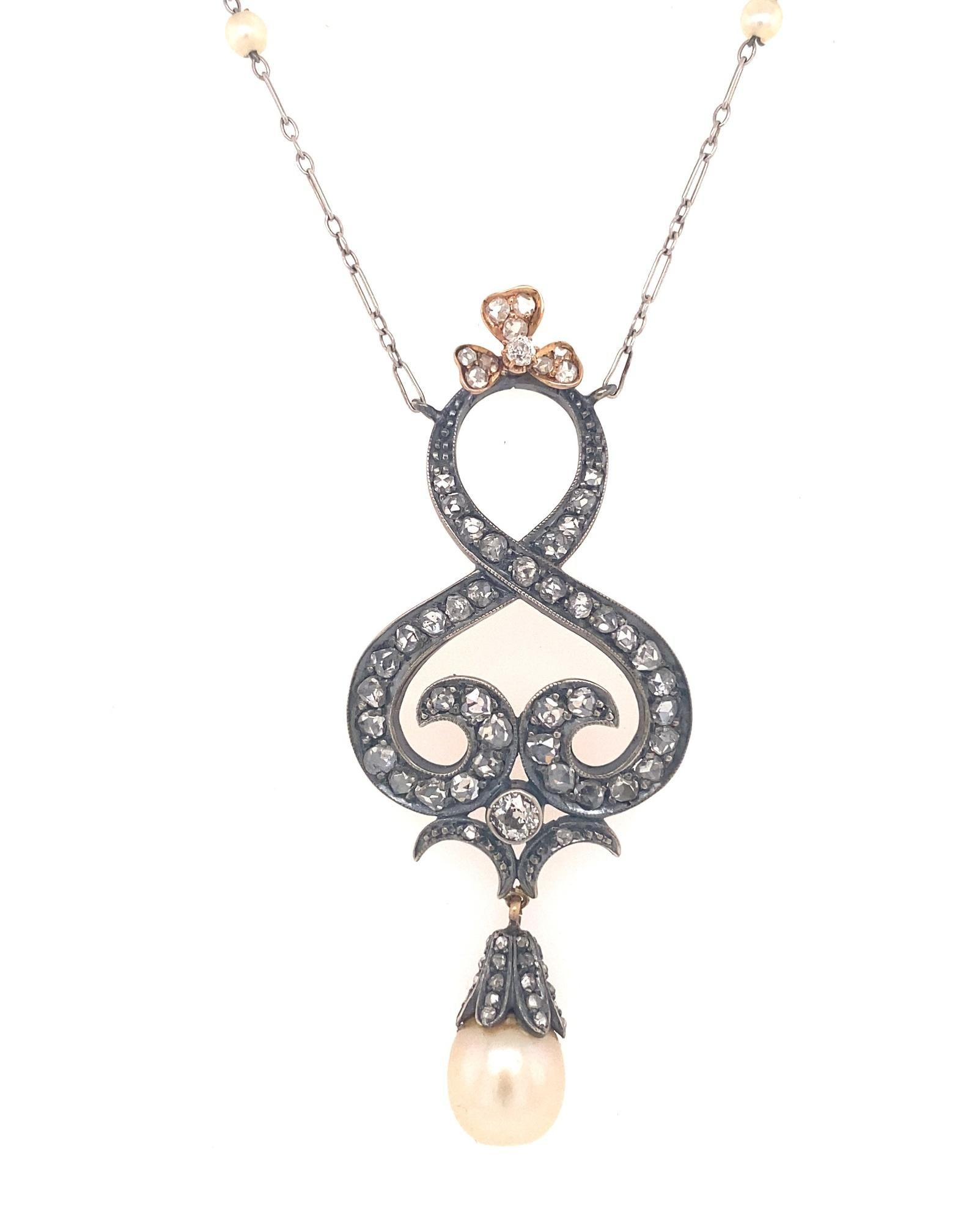 Antique Victorian Rose Cut Diamonds Pearl Platinum Gold Pendant Necklace For Sale 2