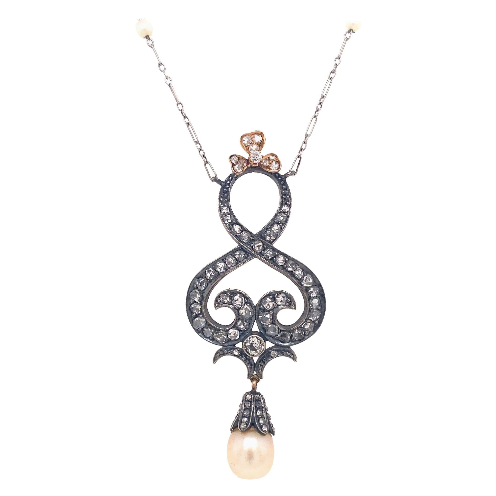 Antique Victorian Rose Cut Diamonds Pearl Platinum Gold Pendant Necklace For Sale