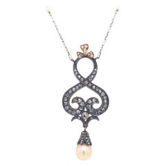 Antique Victorian Rose Cut Diamonds Pearl Platinum Gold Pendant Necklace