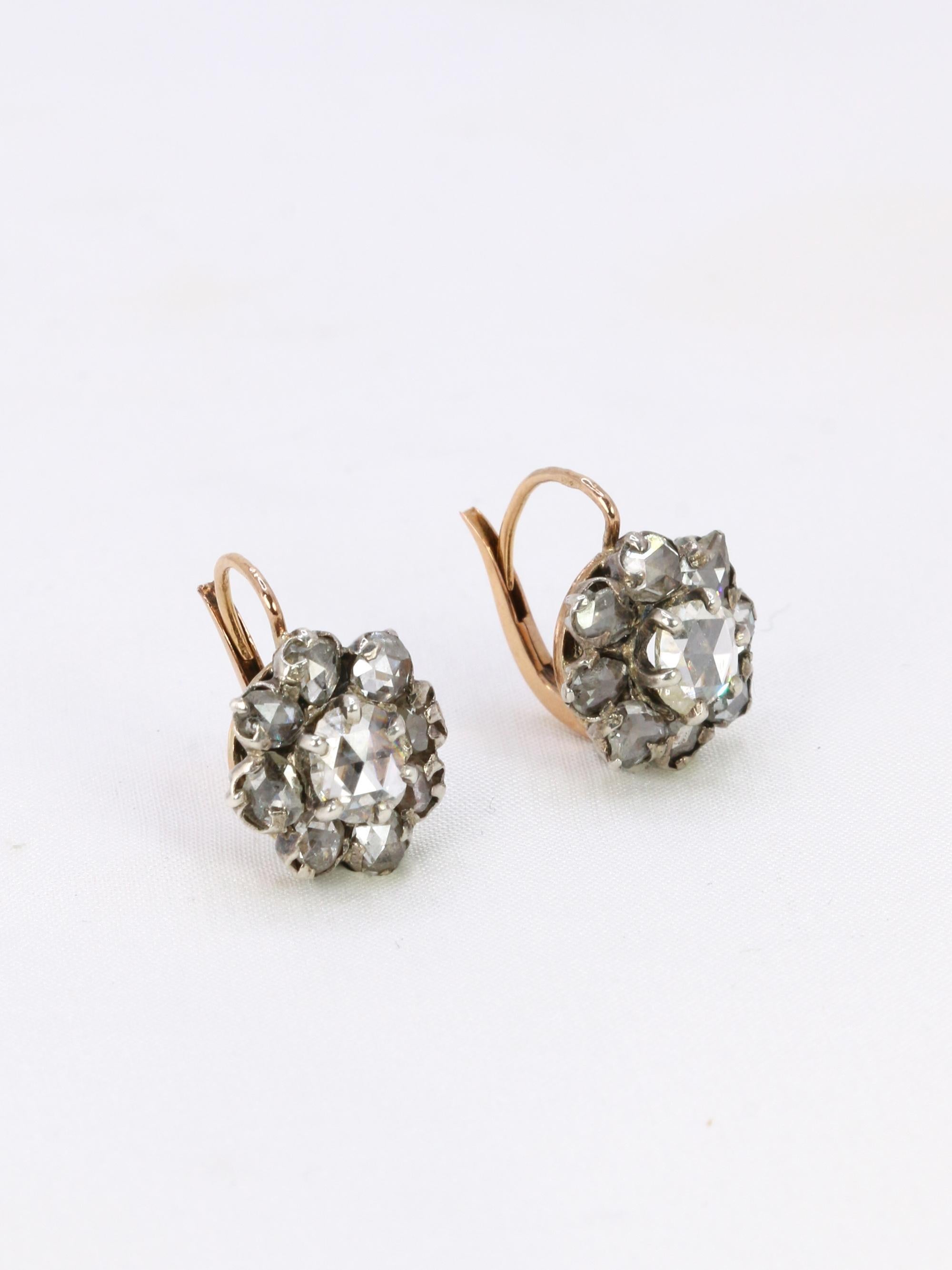 Pendientes antiguos victorianos de diamantes talla rosa Sleeper en Bueno estado para la venta en PARIS, FR