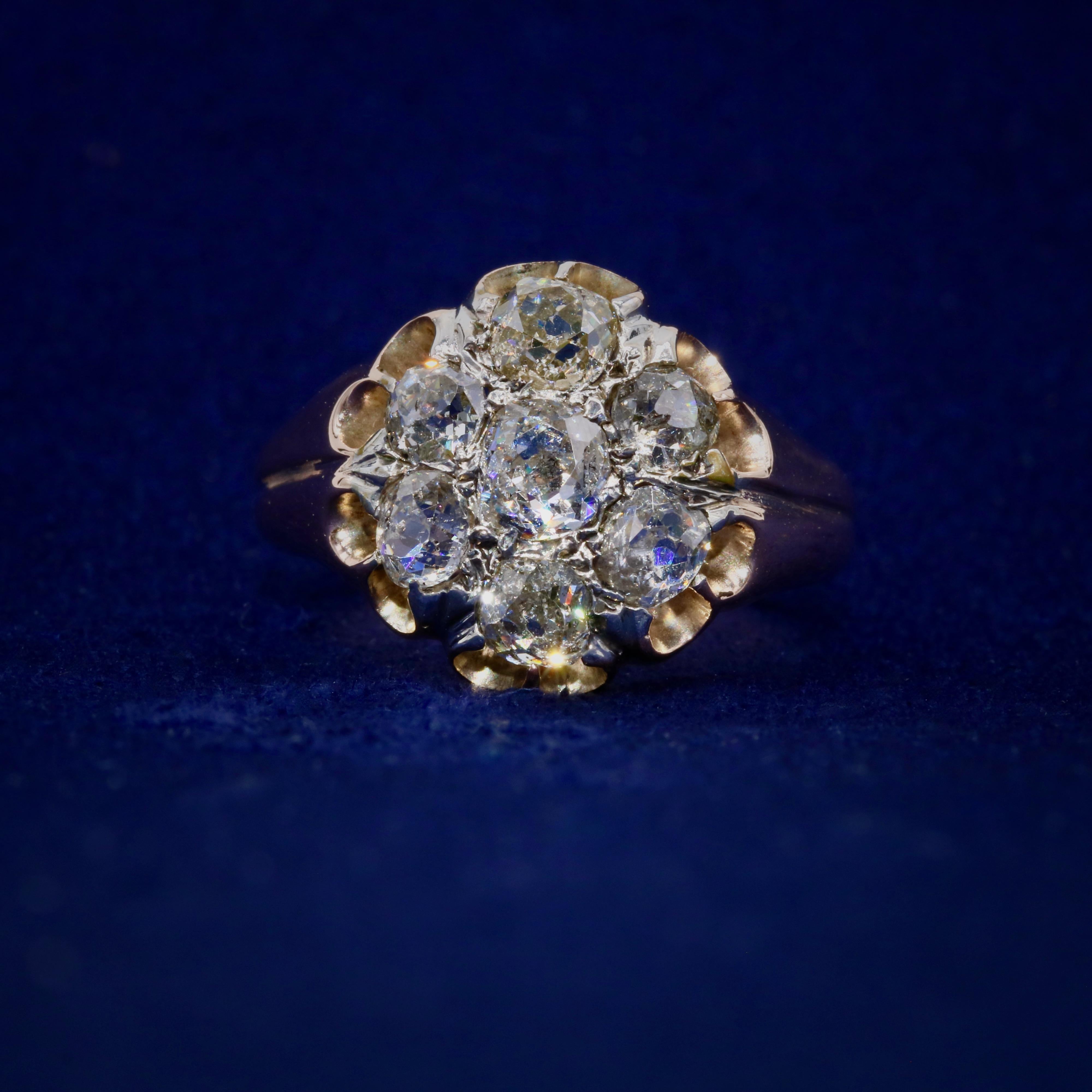 Antique Victorian Rose Gold 2.06ctw Old Mine Cut Diamond Daisy Ring In Good Condition For Sale In Staines-Upon-Thames, GB