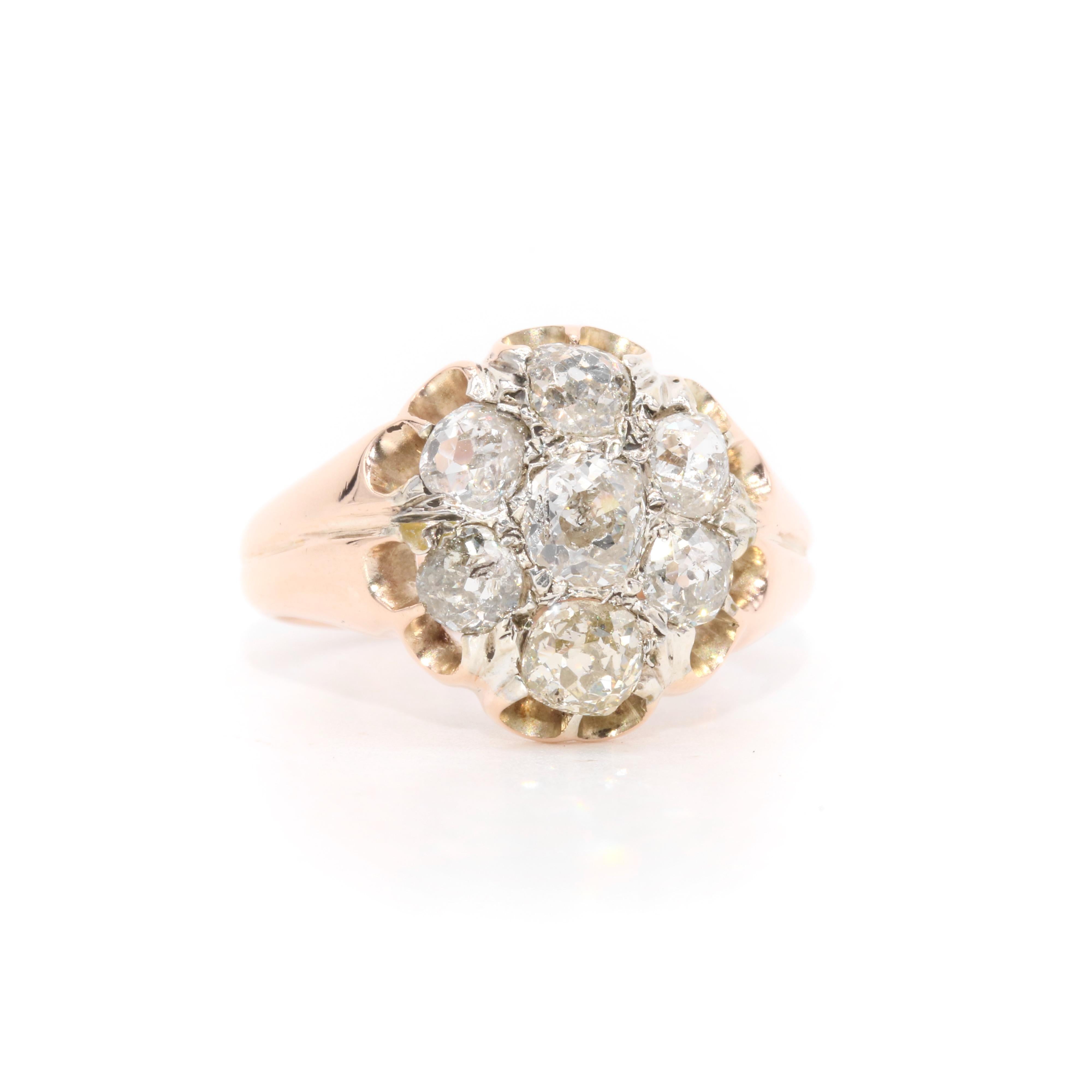 Women's or Men's Antique Victorian Rose Gold 2.06ctw Old Mine Cut Diamond Daisy Ring For Sale