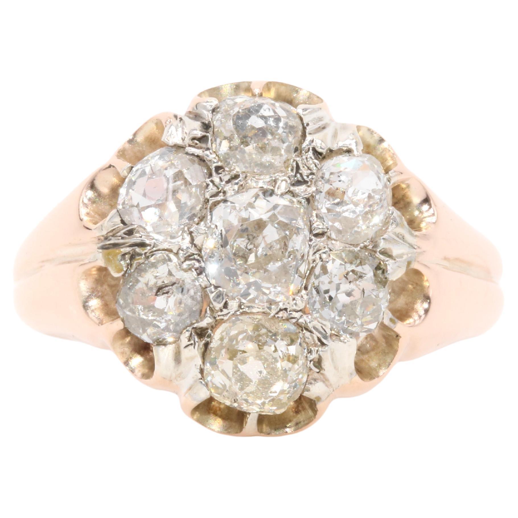 Antique Victorian Rose Gold 2.06ctw Old Mine Cut Diamond Daisy Ring For Sale