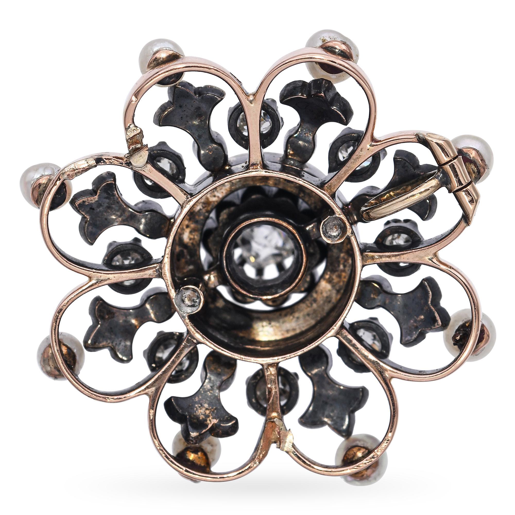 Antiker viktorianischer Roségold- und Sterlingsilber-Diamant-Naturperlen-Anhänger (Alteuropäischer Brillantschliff) im Angebot