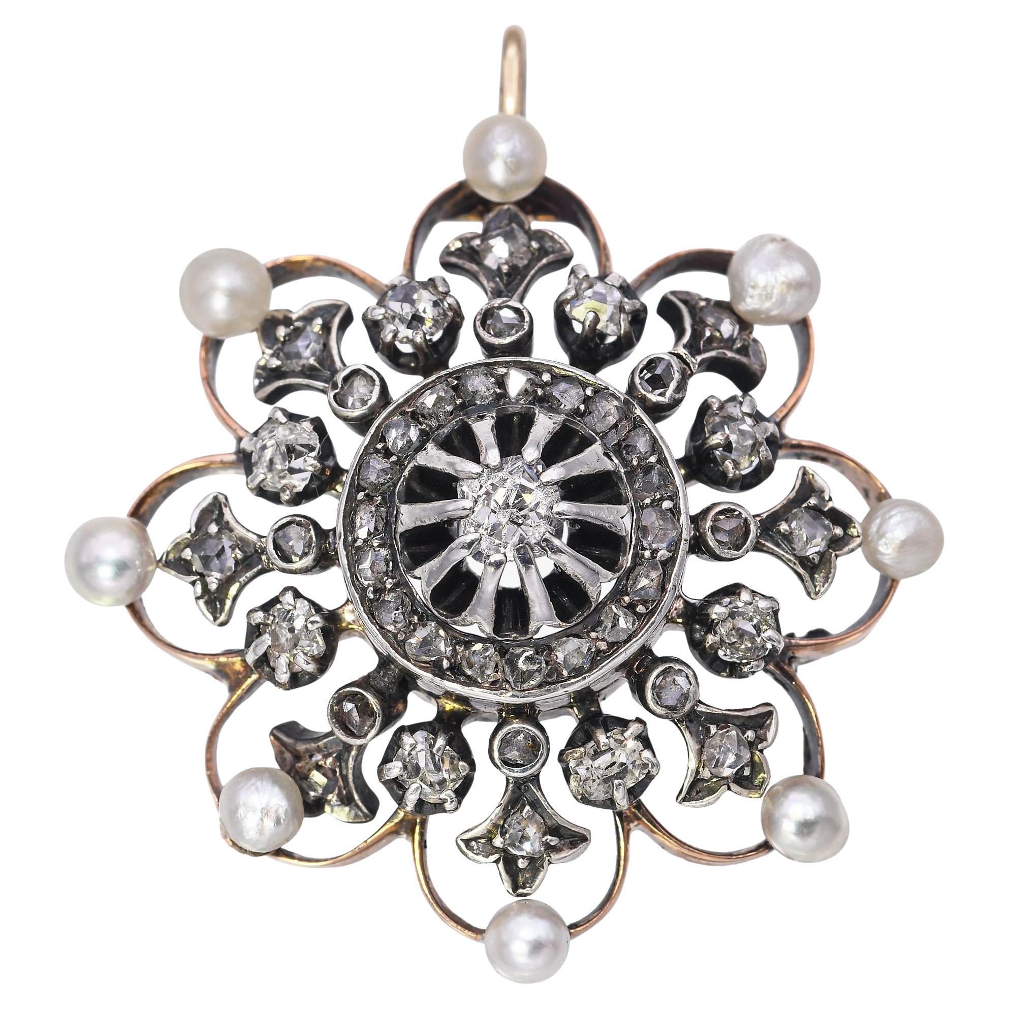 Antique Victorian Rose Gold and Sterling Silver Diamond Natural Pearl Pendant