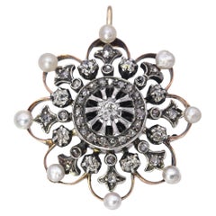 Antique Victorian Rose Gold and Sterling Silver Diamond Natural Pearl Pendant
