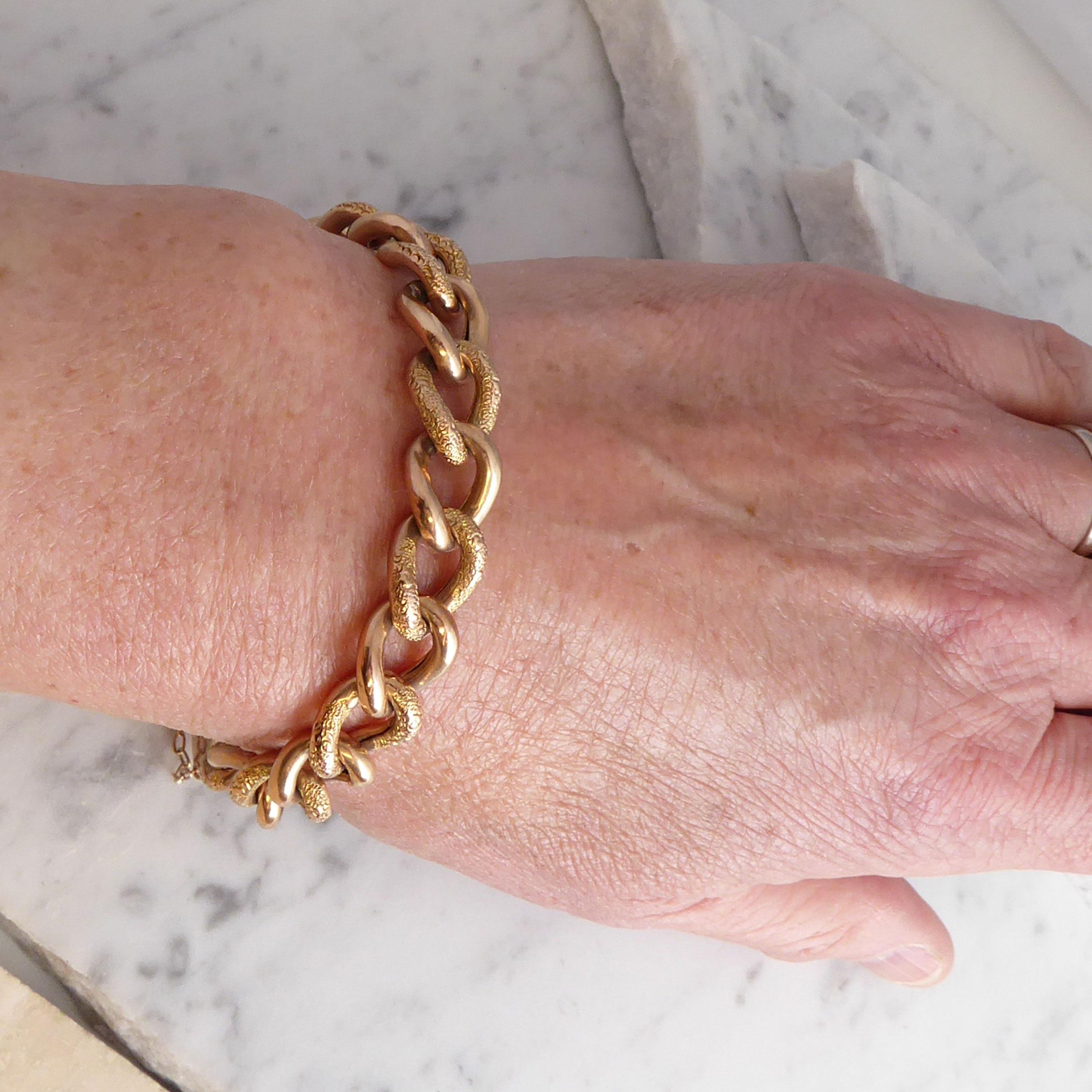 Antique Victorian Rose Gold Bracelet, Chased and Polished Curb Links, Padlock 1