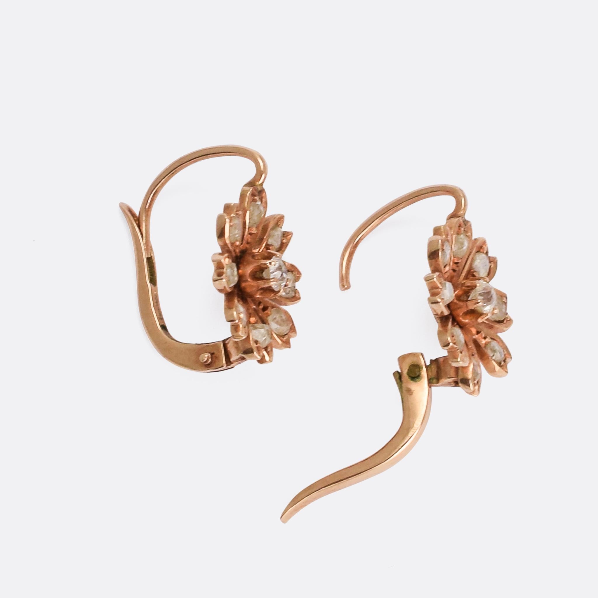 Antique Victorian Rose Gold Diamond Flower Earrings In Good Condition In Sale, Cheshire