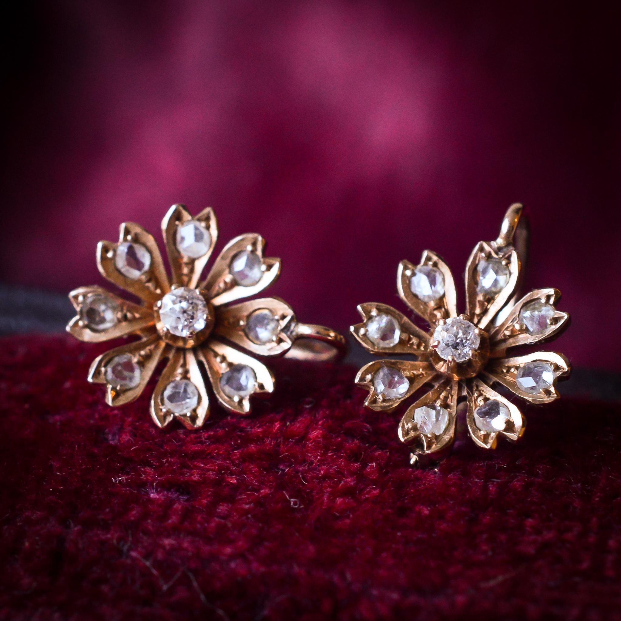 Women's Antique Victorian Rose Gold Diamond Flower Earrings