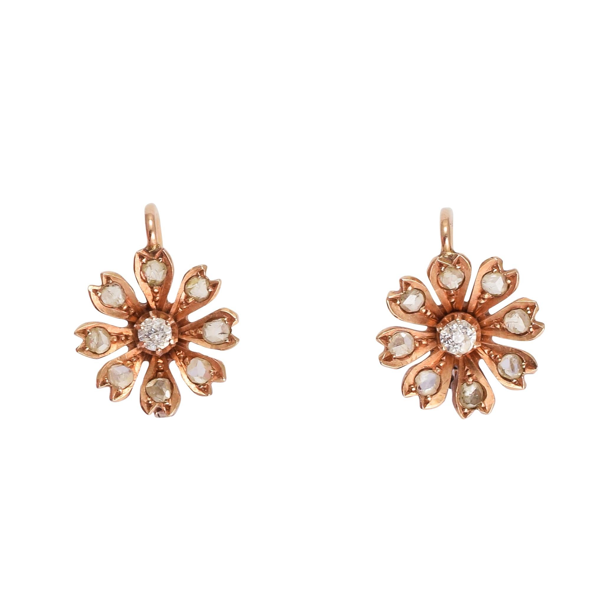Antique Victorian Rose Gold Diamond Flower Earrings