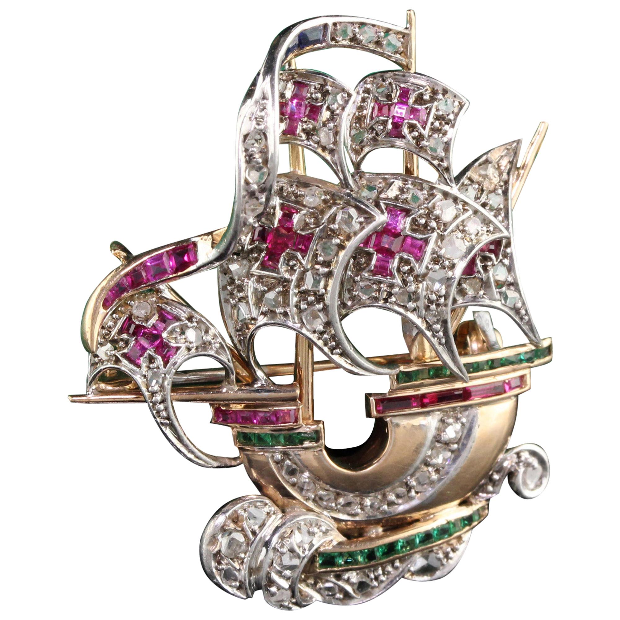 Antike viktorianische Anstecknadel, Santa Maria Boat, Roségold Diamant Rubin Smaragd Saphir
