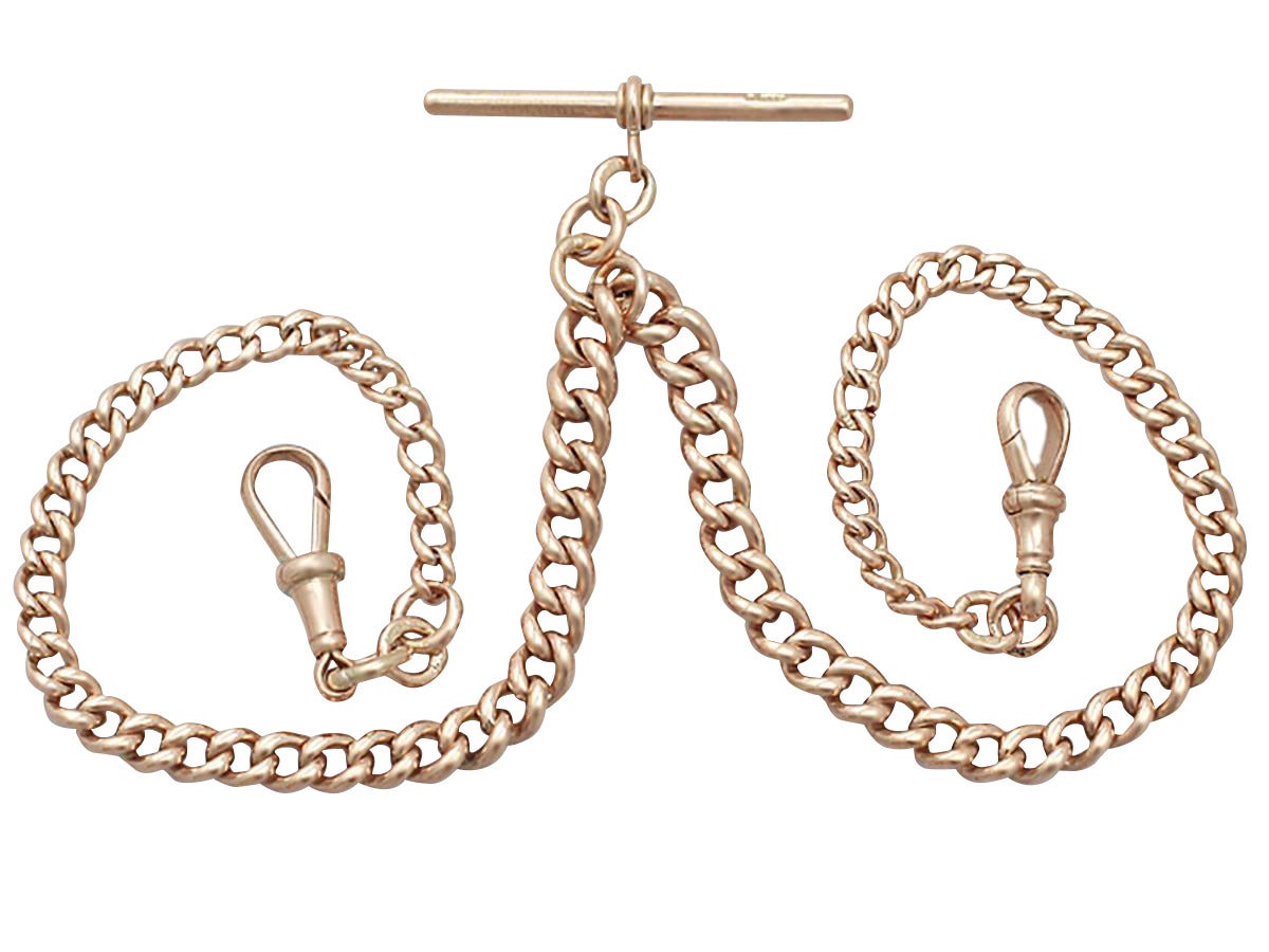 A fine and impressive antique Victorian 9 karat rose gold double Albert watch chain; part of our antique jewelry/estate jewelry collections

This impressive double Albert watch chain has been crafted in 9k rose gold.

The rounded curb links that