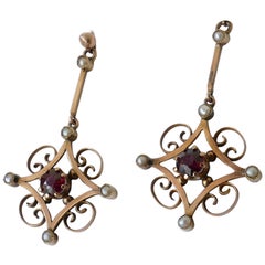 Antique 'Victorian' Rose Gold Garnet and Pearl Drop Earrings, circa 1890