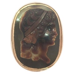 Antique Victorian Rose Gold Large Oval Carved Agate Cameo Trojan Ring