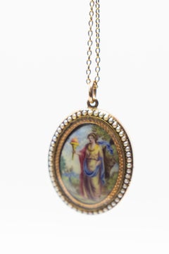 Victorian Rose Gold, Natural Seed Pearls Persephone and Doves Pendant Necklace