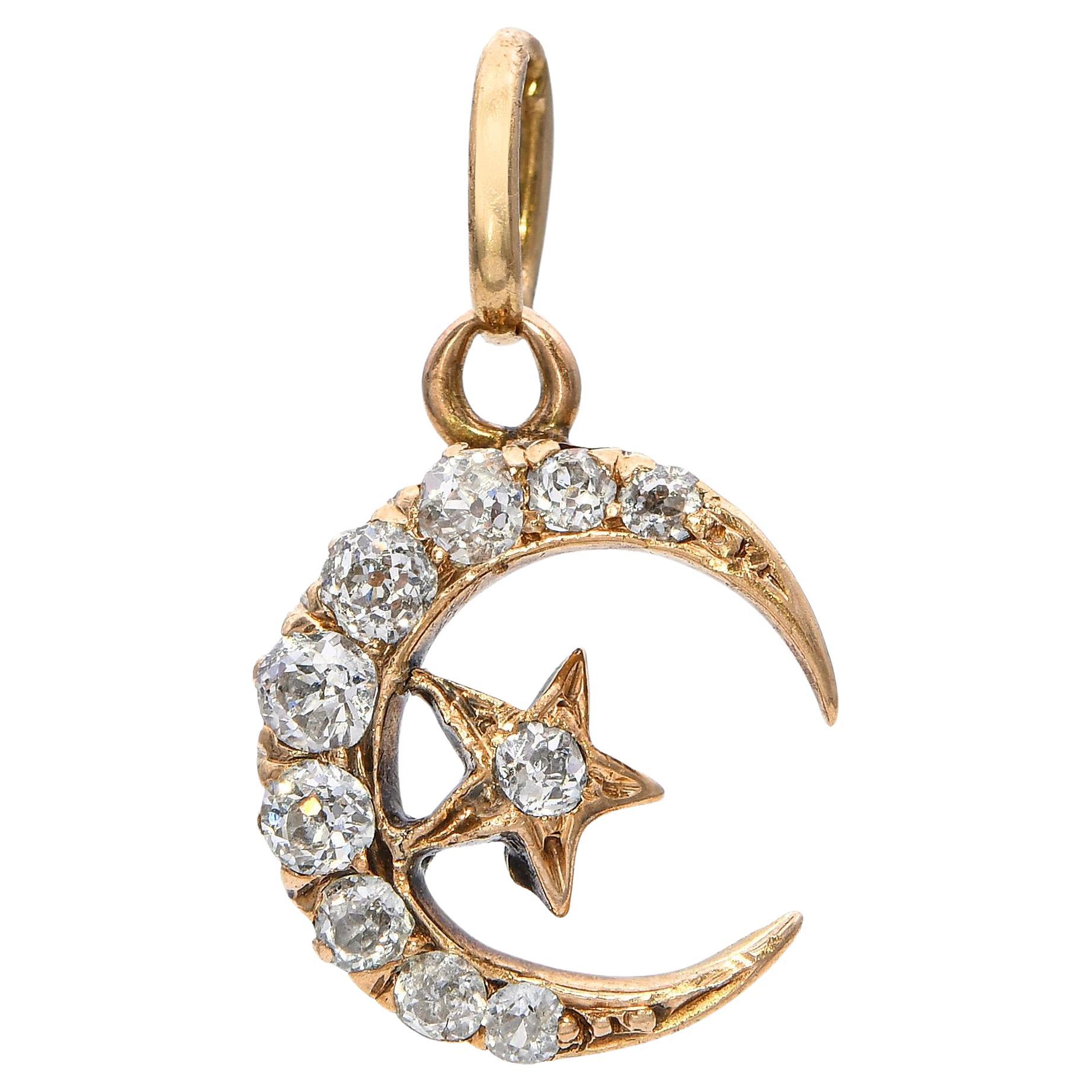 Antique Victorian Rose Gold Old Mine Cut Diamond Star and Crescent Pendant