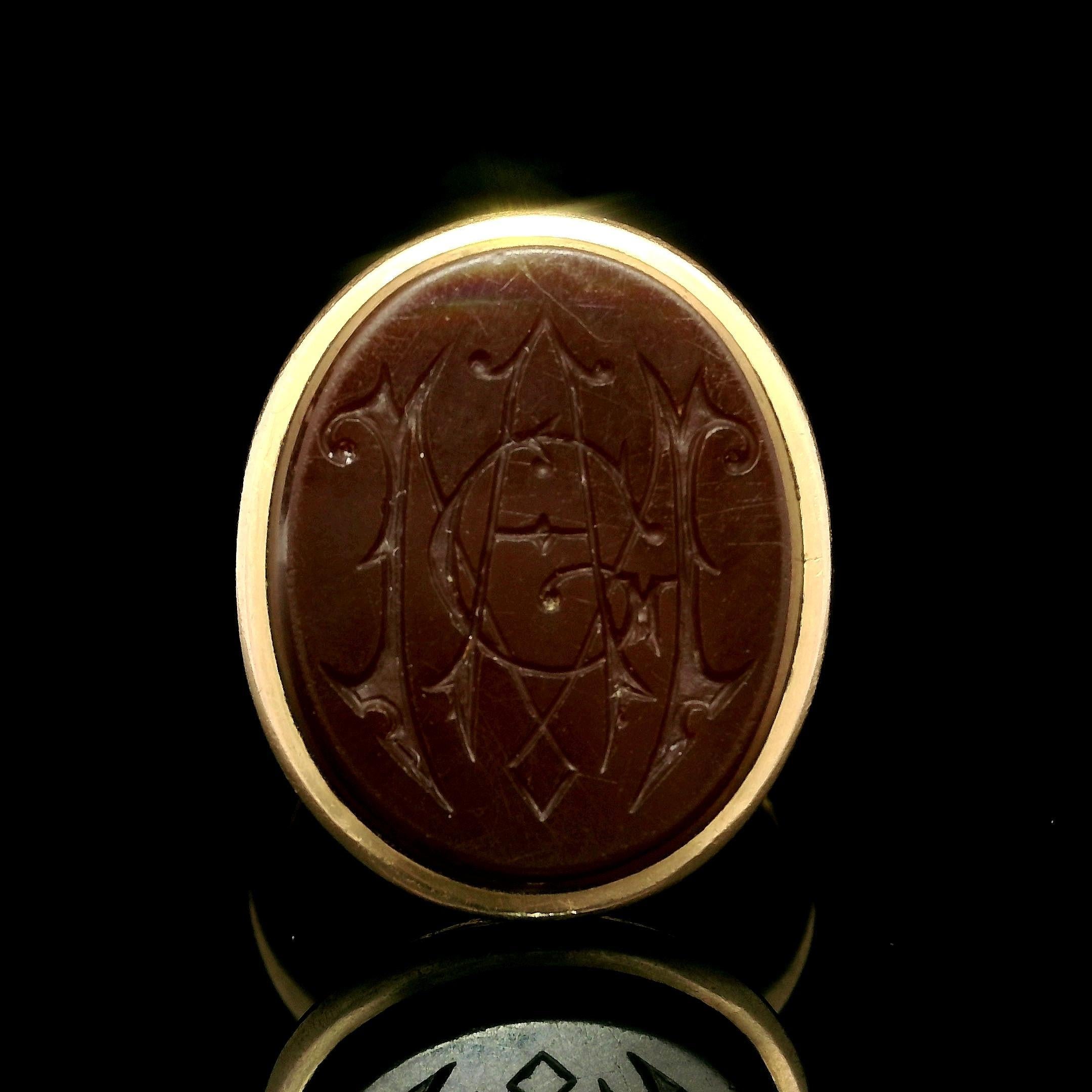 Antique Victorian Rose Gold Oval Carved Carnelian MAG Seal Signet Ring 5