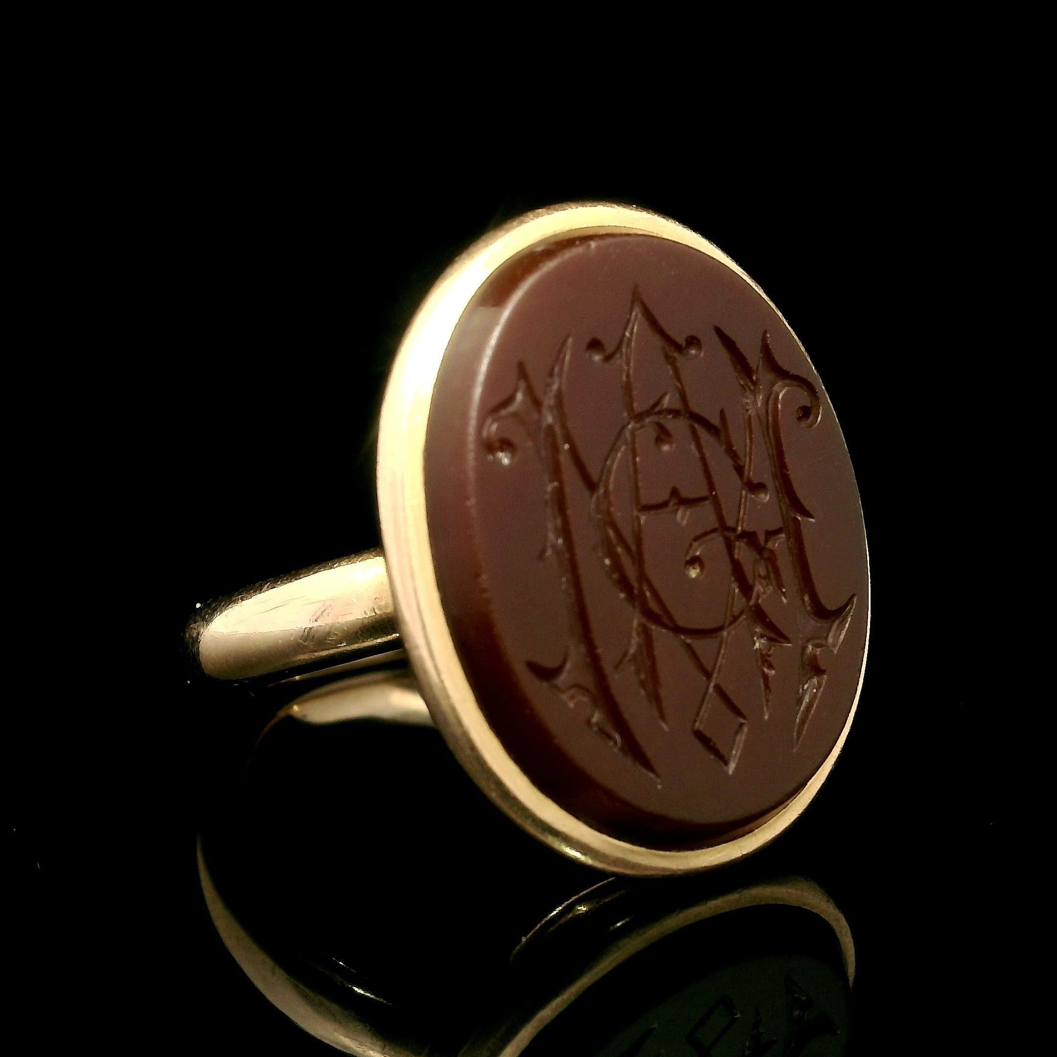 Men's Antique Victorian Rose Gold Oval Carved Carnelian MAG Seal Signet Ring