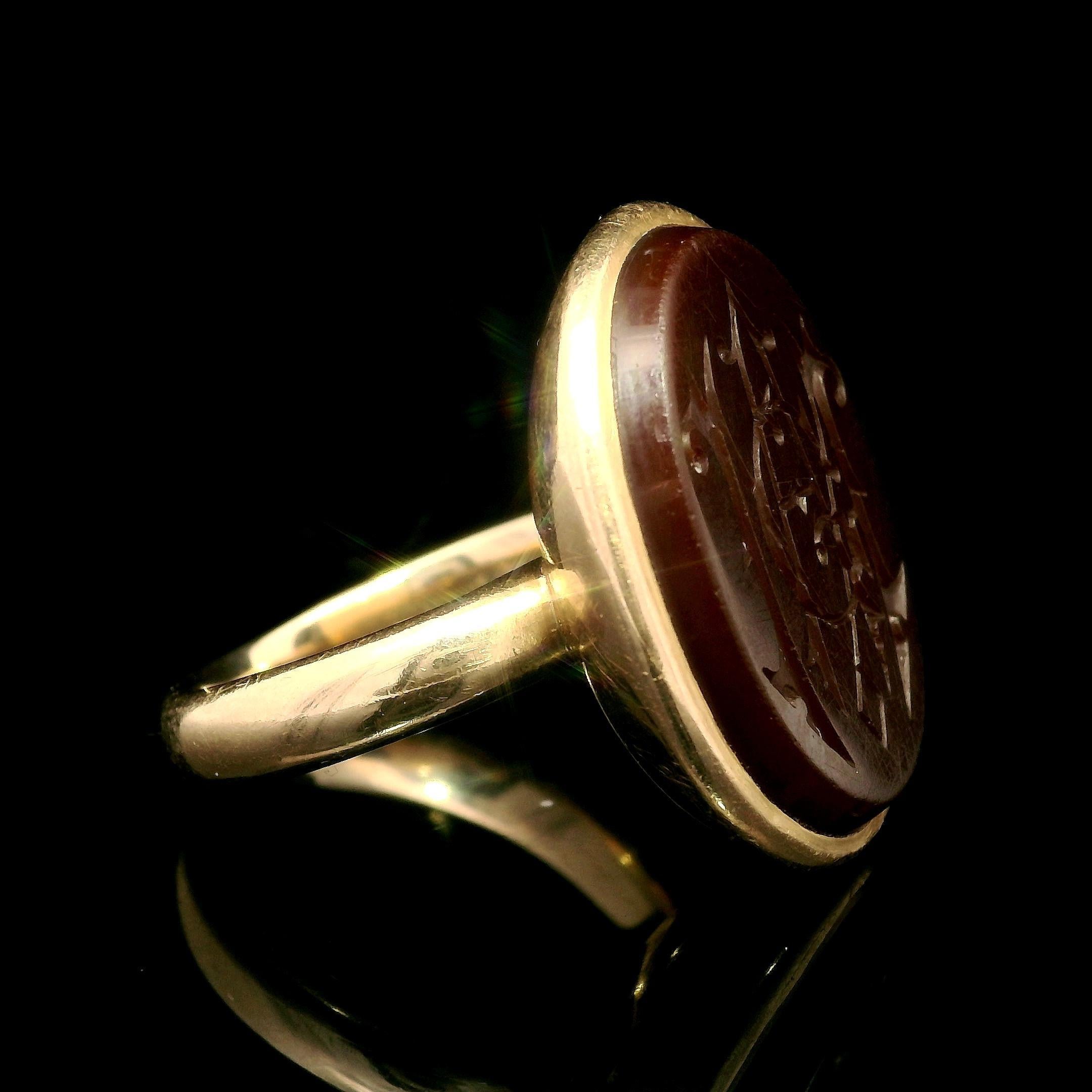 Antique Victorian Rose Gold Oval Carved Carnelian MAG Seal Signet Ring 1